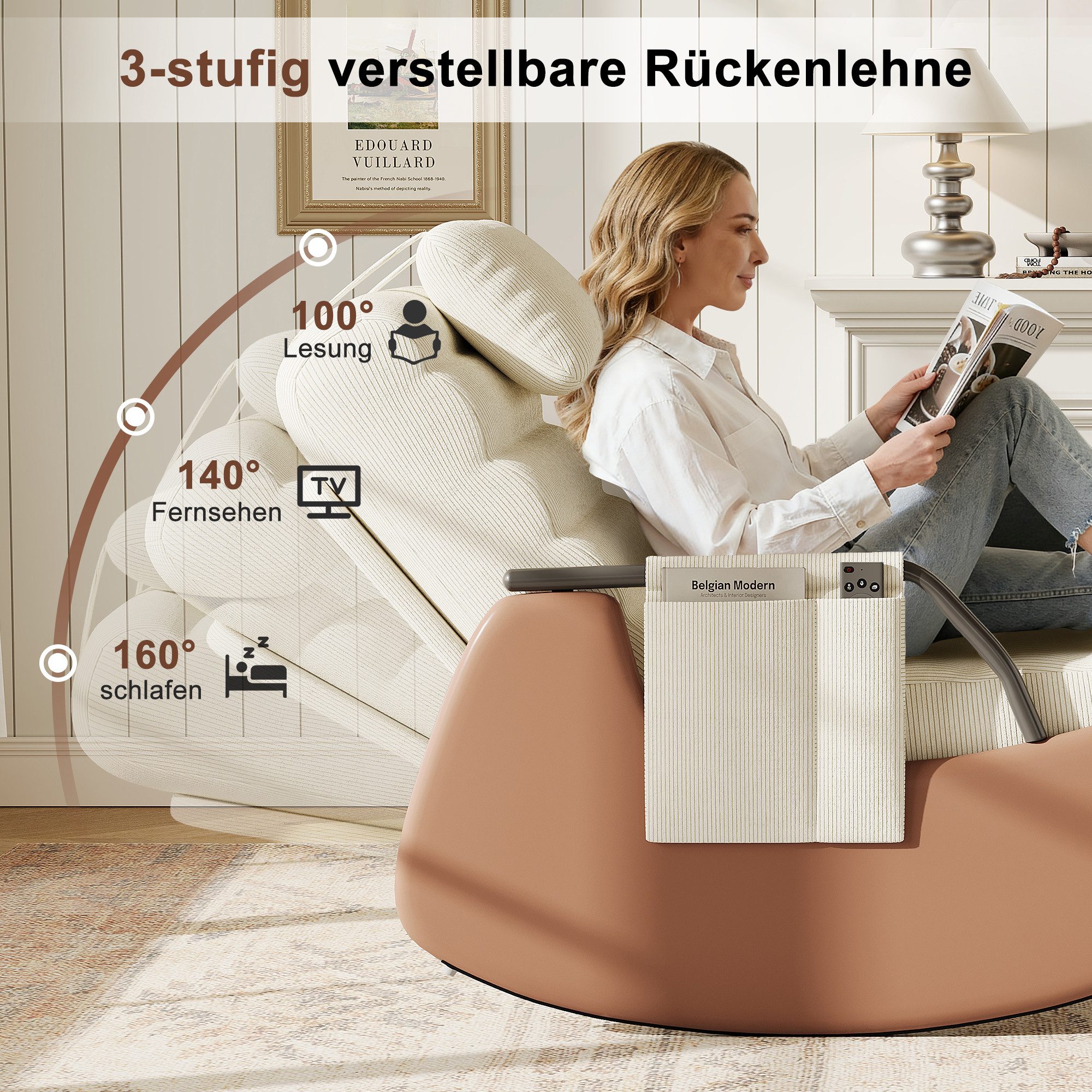 FUROKOY Schaukelstuhl Relaxsessel 3-stufia verstellbare Rückenlehne (Set, 1 St), Wohnzimmersessel mit Armlehnen und Fußstütze Cord,Beige,67x91.5x92cm – Bild 4 von 5