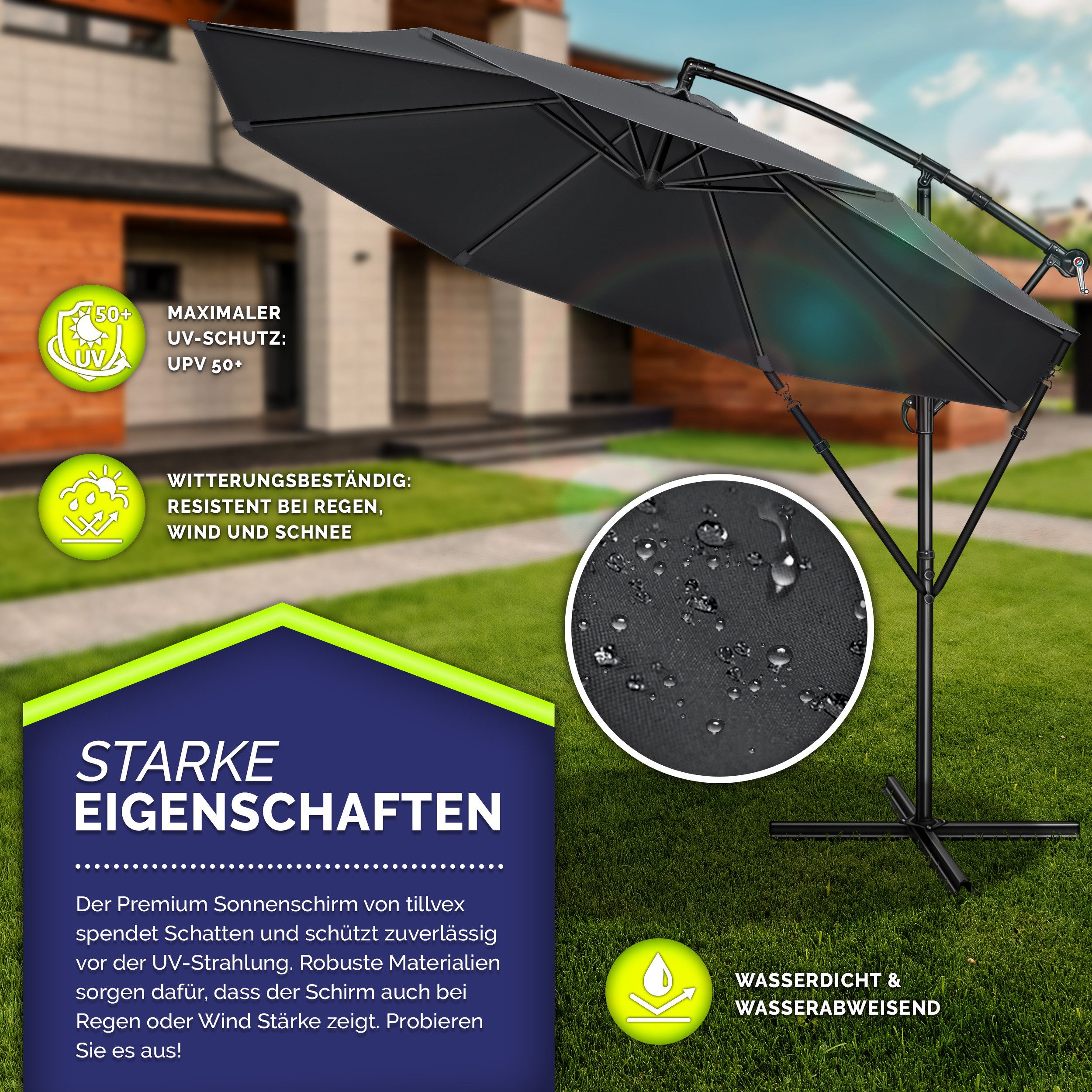 tillvex Sonnenschirm 300-350 cm Kurbel Ampelschirm mit Ständer, Abdeckung & Windsicherung, Gartenschirm UV-Schutz Aluminium