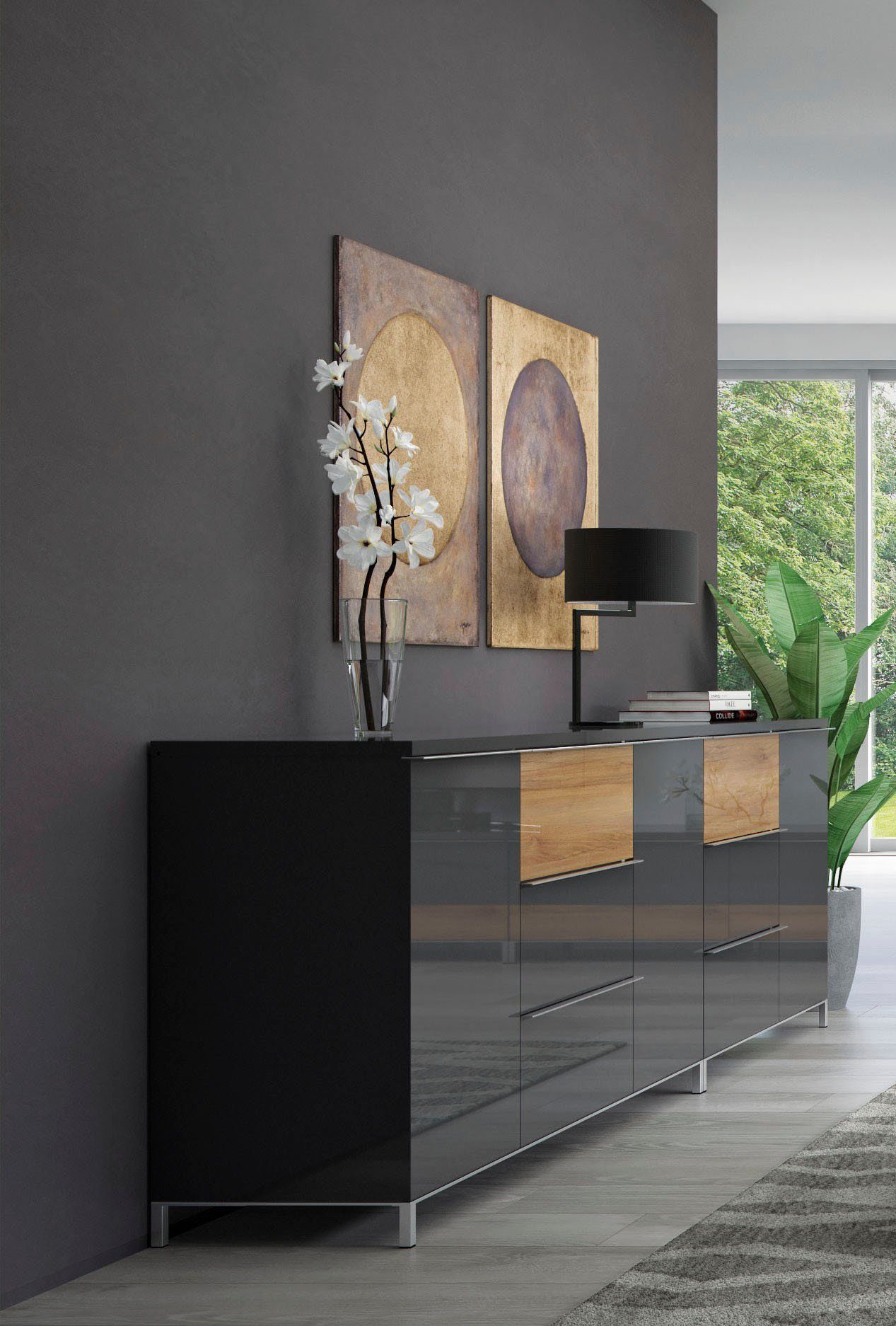 OTTO home Sideboard Onyx, Kommode mit 3 Schubladen und 1 Tür, UV Lackierung Hochglanz (FSC®-zertifizierter Holzwerkstoff; Made in Europe), Kombikommode mit Soft-Close-Funktion, Maße (B/T/H) 106/45/88cm