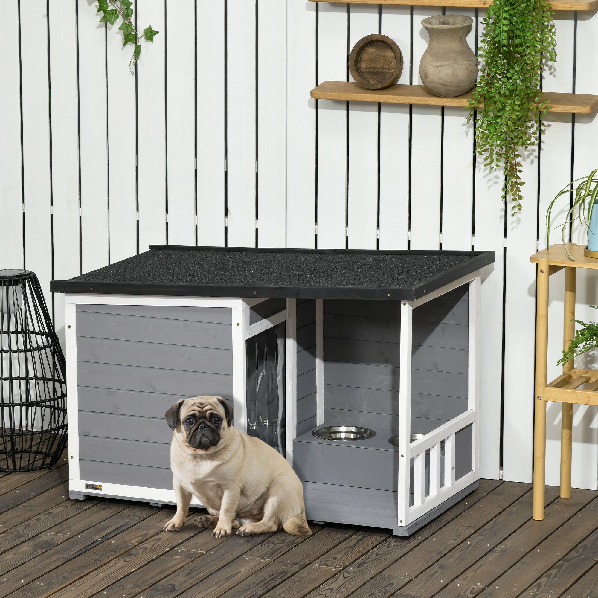 PawHut Hundehütte mit 2 Fressnäpfen, Veranda, wetterbeständig, BxTxH: 103x62x66 cm