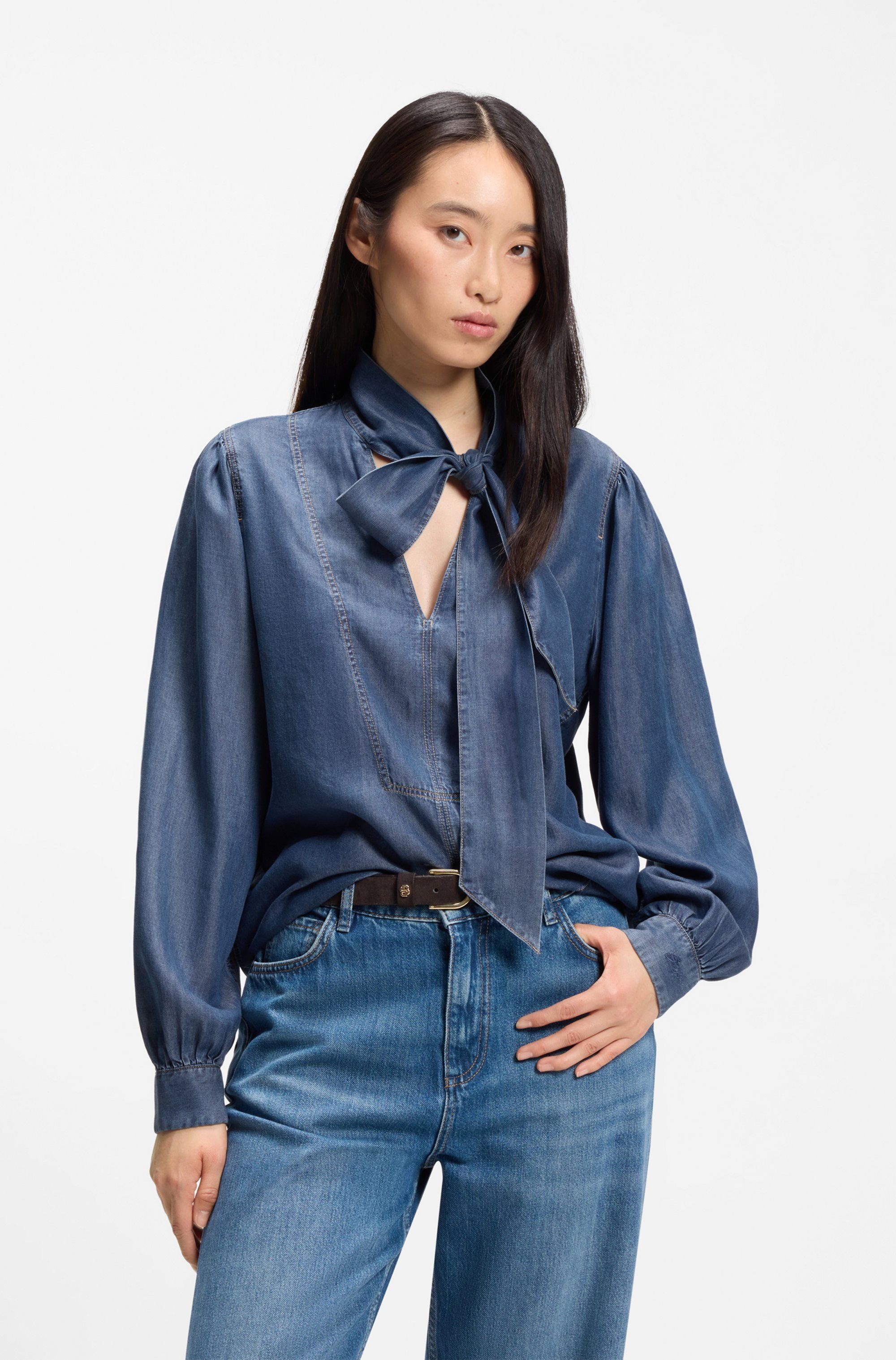 BOSS ORANGE Langarmbluse Betilla Premium Damenmode mit Schal-Detail, Denim-Look
