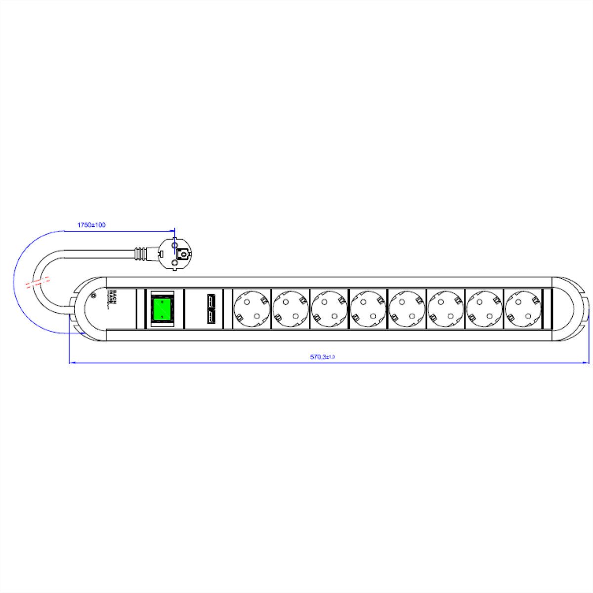 Bachmann PRIMO Steckdosenleiste 8x Schutzkontakt, 2x USB-Ladeport, Schalter Steckdosenleiste (Kabellänge 1.75 m), 331.154