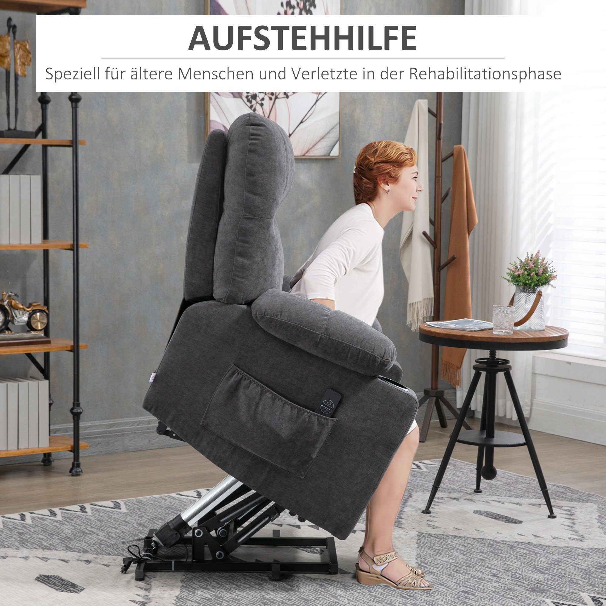 HOMCOM Relaxsessel Sessel mit Aufstehhilfe, Heizfunkton, 1-St., Massagefunktion Aufstehsessel), Kinosessel 109 (Fersehsehsessel, 95 x mit Elektrischer 91 Dunkelgrau mit cm x