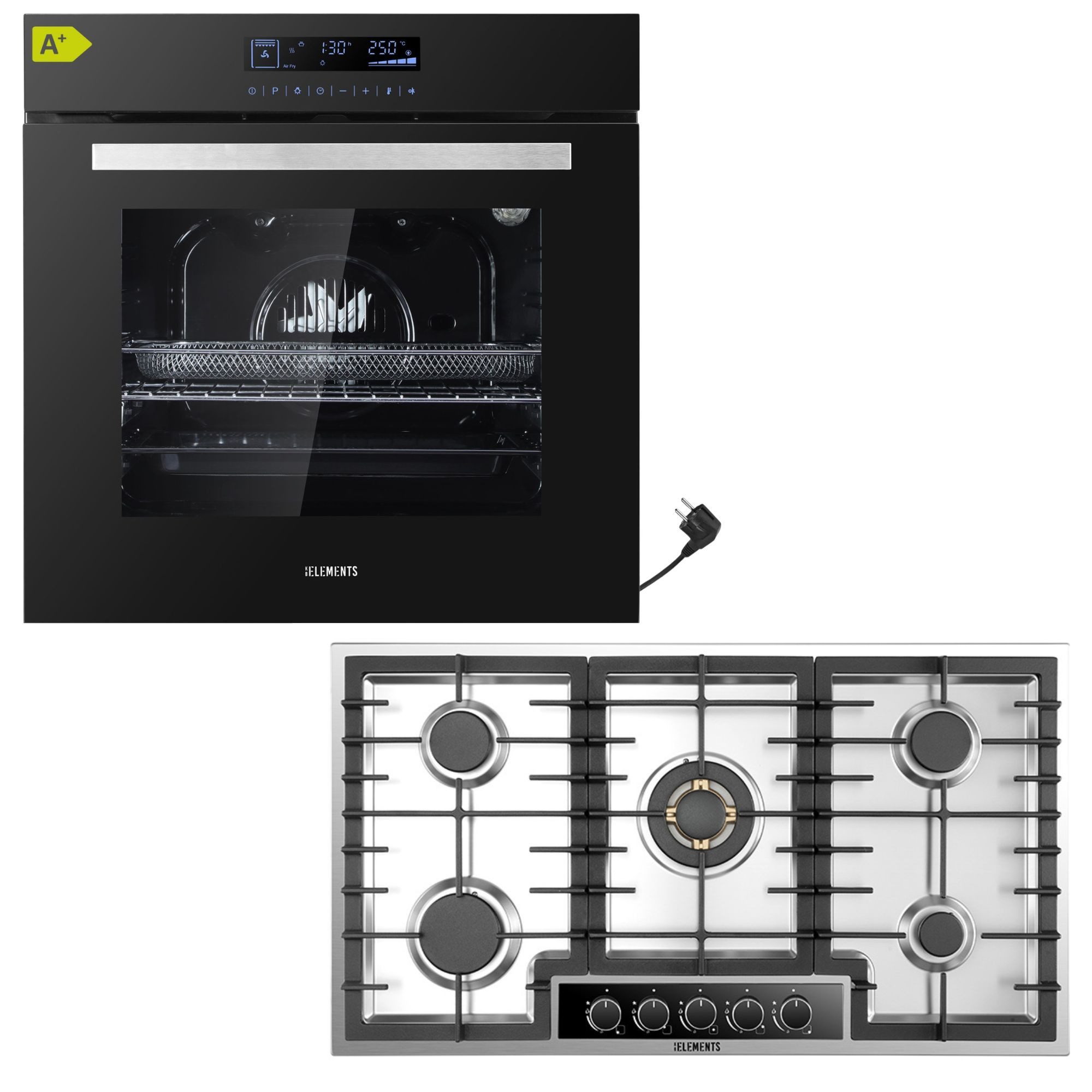 KB Elements Gasherd-Set Einbaubackofen 60 cm mit Gaskochfeld 90 cm, 5 Flammig, mit 2-fach-Teleskopauszug, AQUA CLEAN, Airfry Funktion, Gaskochfeld mit vollkupfer-Brennern