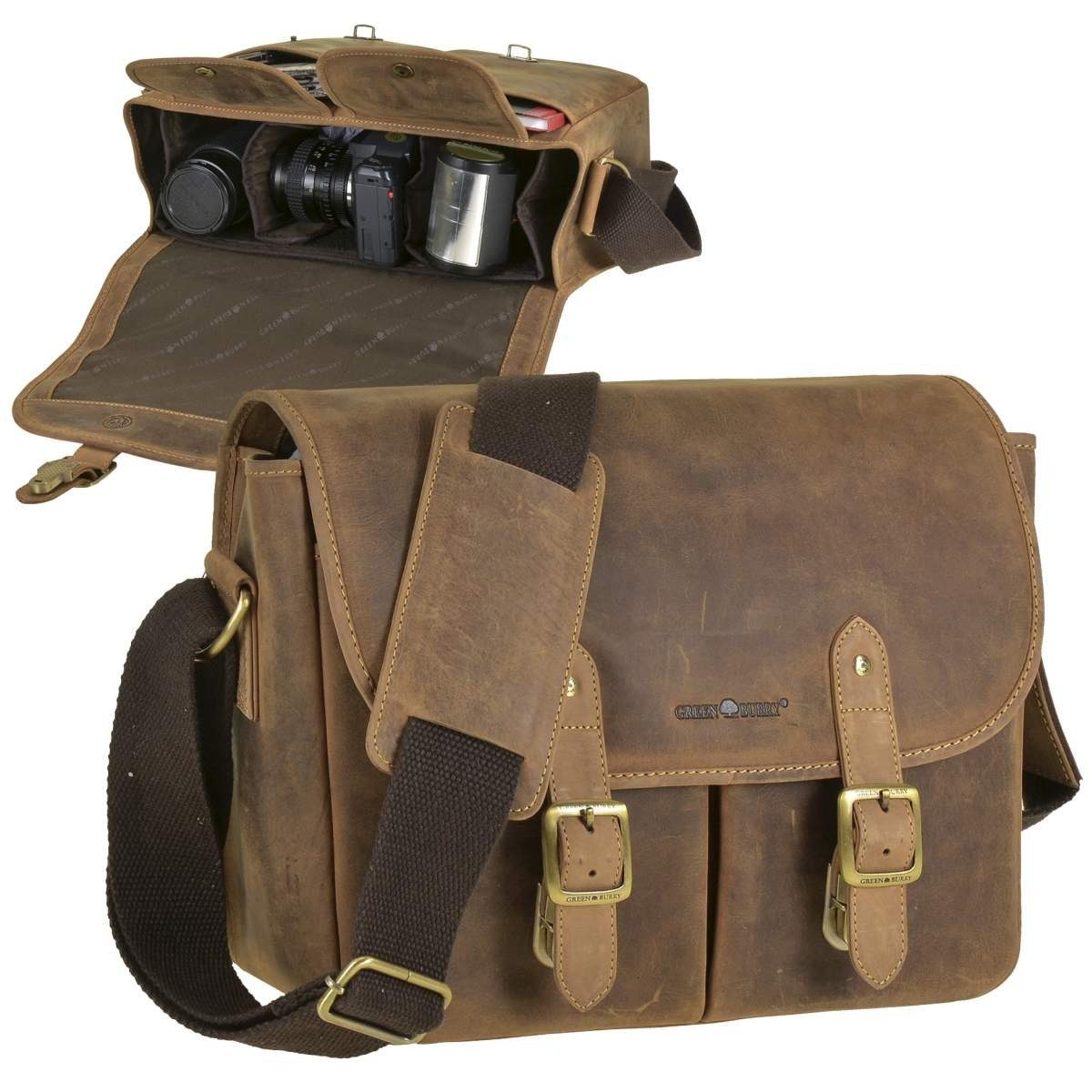 Greenburry Fototasche Vintage, used Look Leder, Kameratasche, für DSLR, Schultergurt mit Polster | Messenger Bags