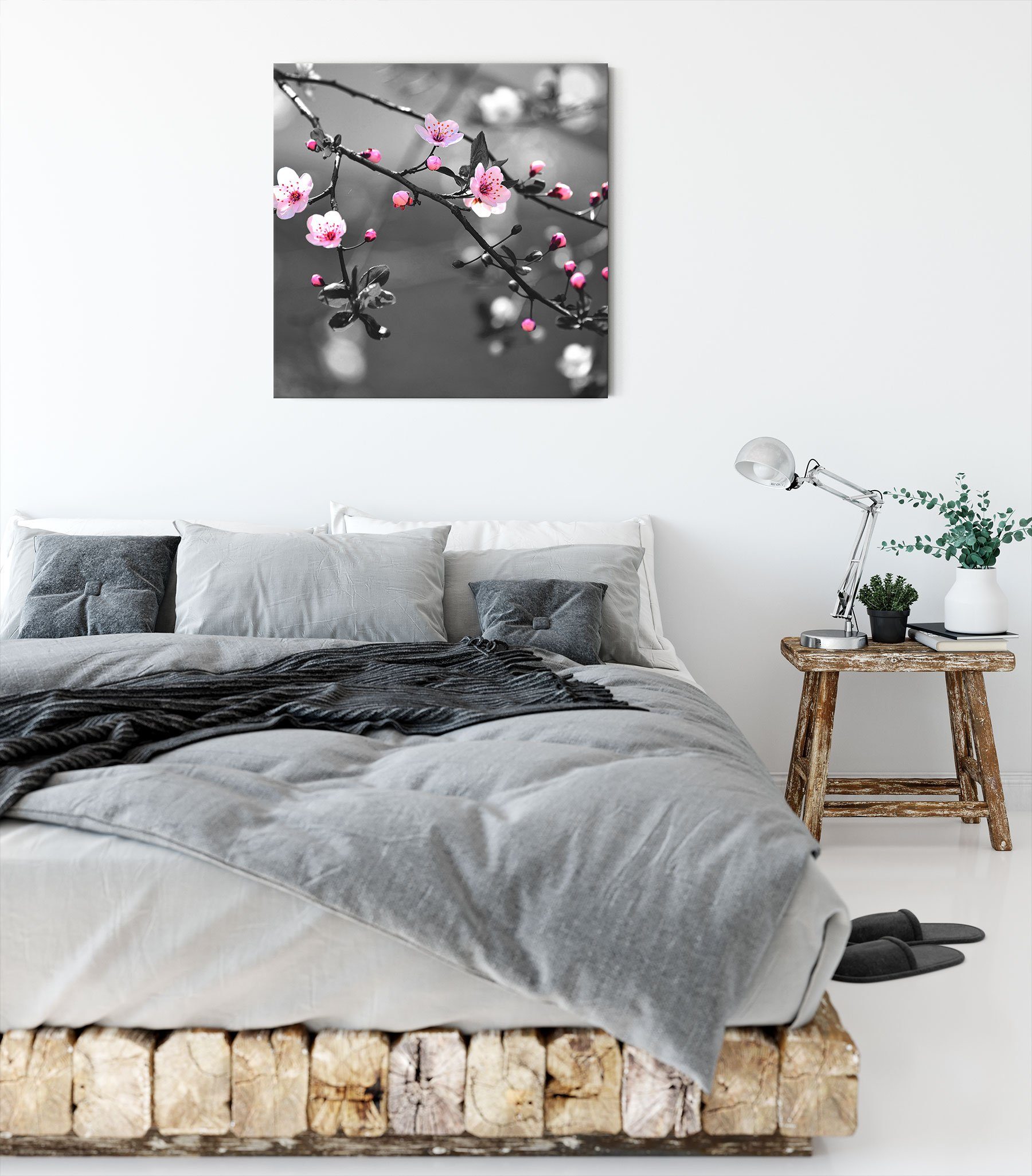 Leinwandbild bespannt, Exotische Exotische Pixxprint inkl. Blüten Leinwandbild Sakura St), fertig Zackenaufhänger Sakura (1 Blüten,