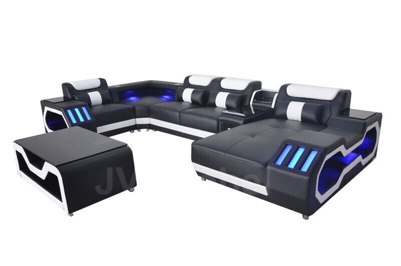 JVmoebel Ecksofa Leder Tisch+USB+LED, Garnitur Moderne Eck Sofa Couch Wohnlandschaft Schwarz Teile 2