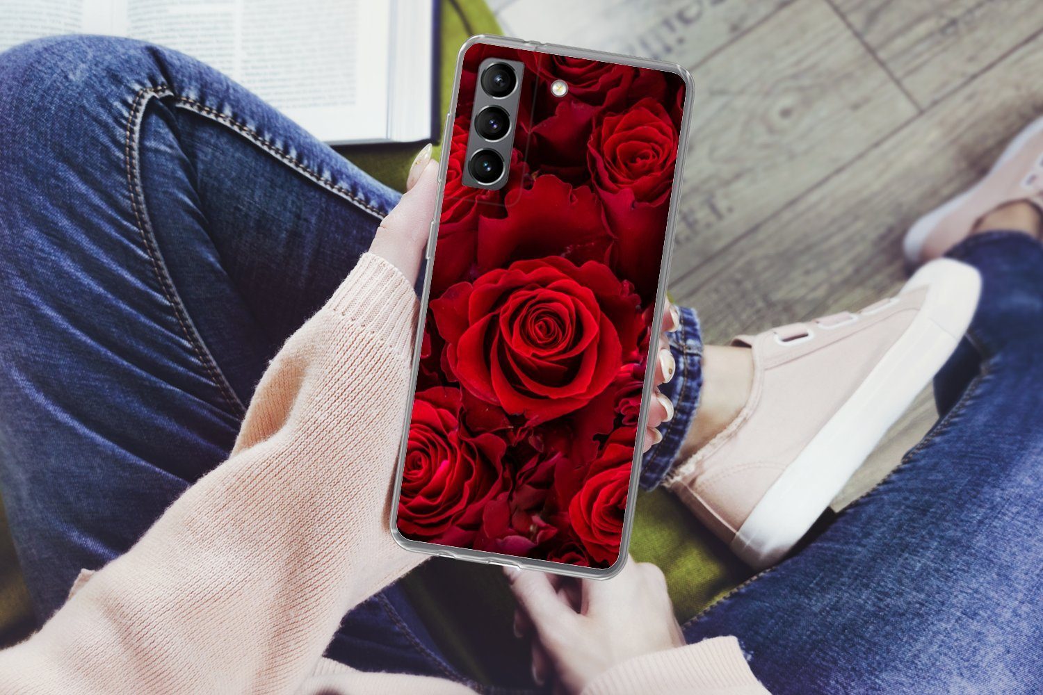 MuchoWow Handyhülle für Samsung Galaxy S21 Plus Blumen - Rosen - Rot, Phone Case, Silikon, Schutzhülle Dünn