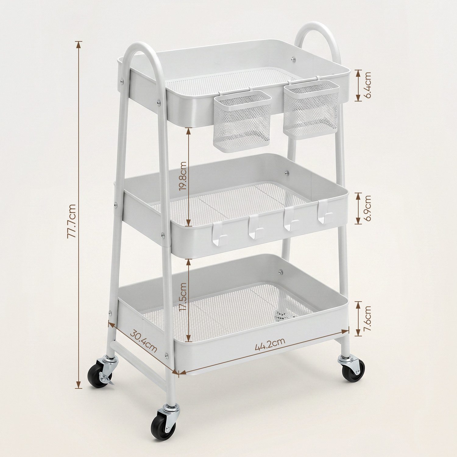 Sekey Rollwagen Küche 30 cm Breit Servierwagen mit Rollen Metall, 2 Körben & 4 Haken, Küchenwagen aus Metall, 31 x 44 x 78cm – Bild 2 von 5