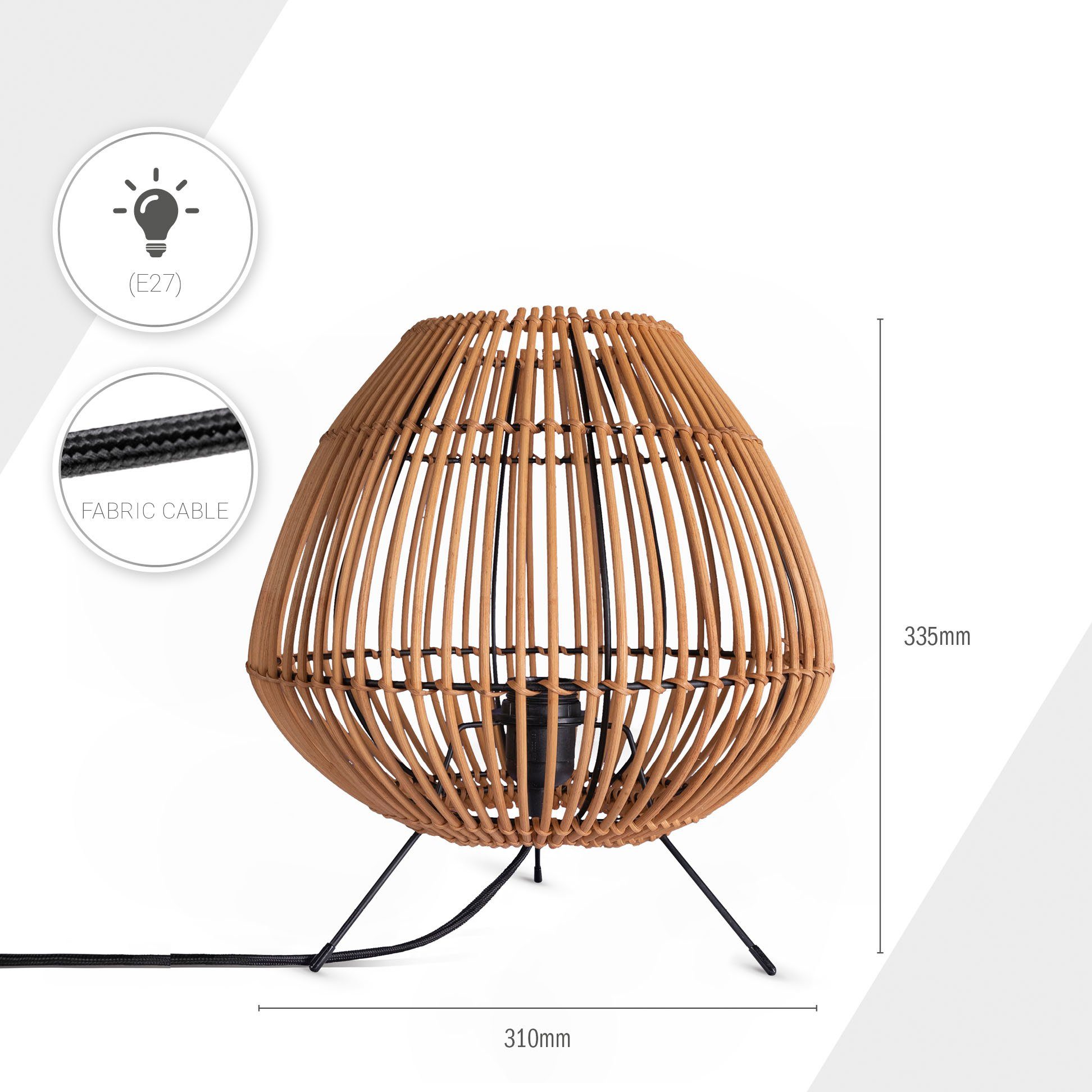 Paco Tischleuchte PIRU, Leuchtmittel, E27 Home Rattan ohne Style Natur Boho Dreibein Nacht