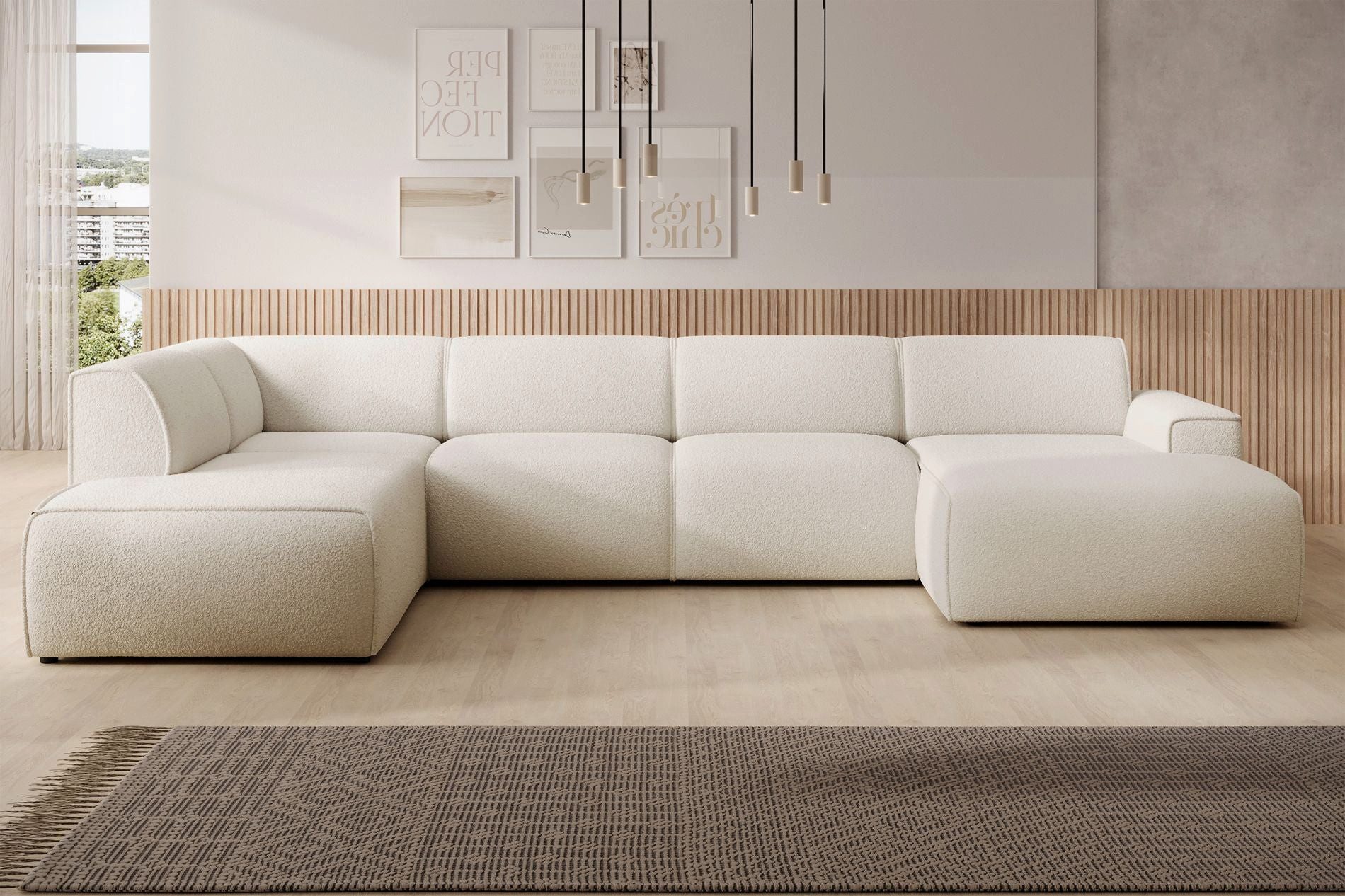 Selsey Ecksofa BOUVI, U-Sofa mit Rückenlehne an der Ottomane, Bouclé