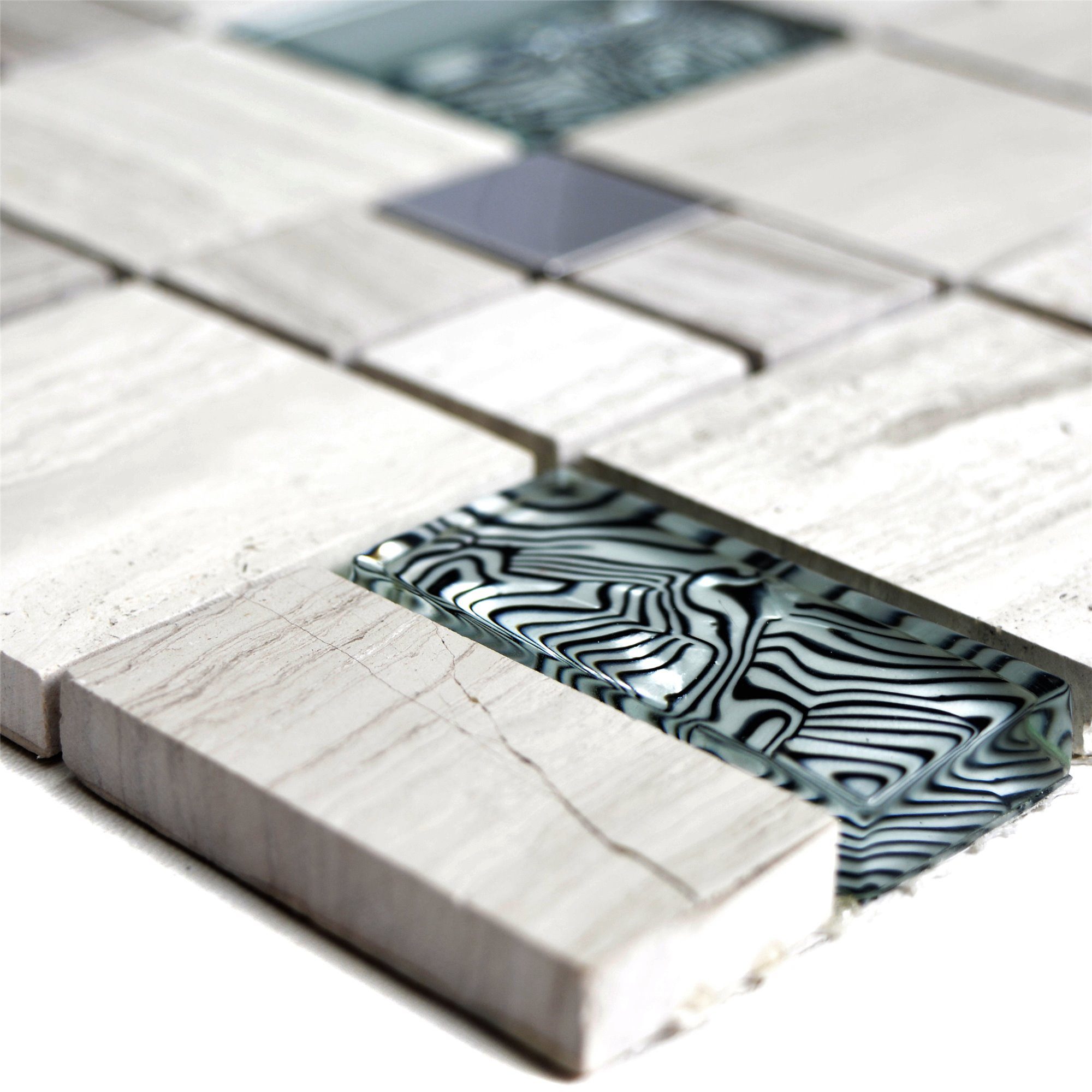 Mosafil Mosaikfliesen Glas Naturstein Metall Mosaikfliesen Tinkabell Grau Silber Mix, Naturstein-Glas-Edelstahl 30.000x30.000, grau-silber, Verlegefertig auf ein Netz geklebt