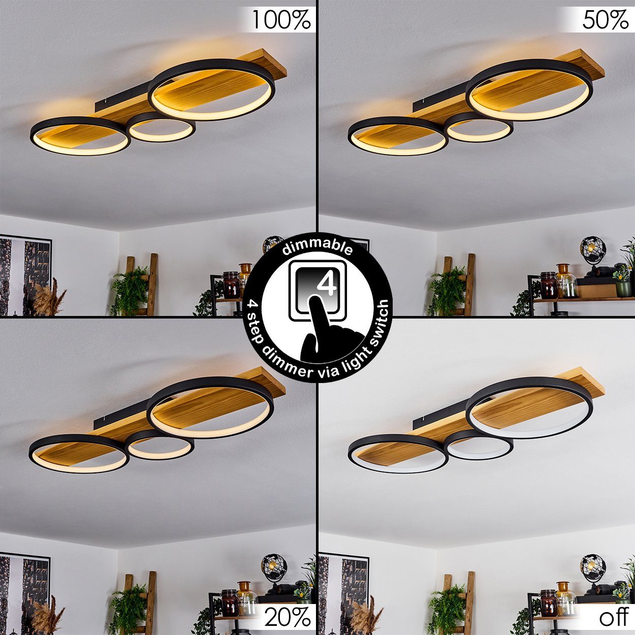 hofstein Deckenleuchte »Caces« dimmbare Deckenlampe aus Metall/Holz in Schwarz/Natur/Weiß, 3000 Kelvin, über herkömmlichen Lichtschalter dimmbar, Holzbalken, LED, 3700 Lumen