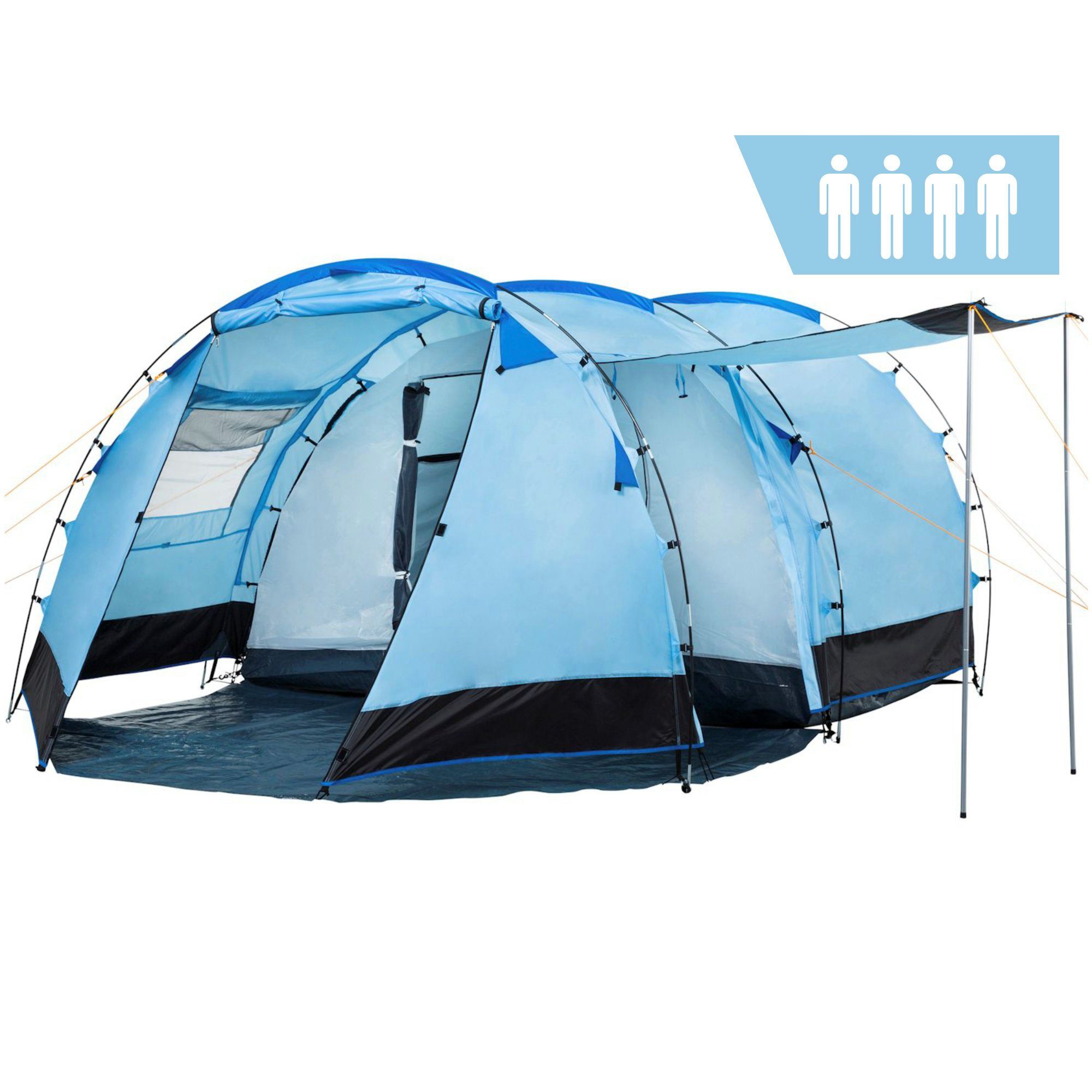 CampFeuer Tunnelzelt Zelt Super+ für 4 Personen, Blau / Schwarz, 3000 mm Wassersäule, Personen: 4