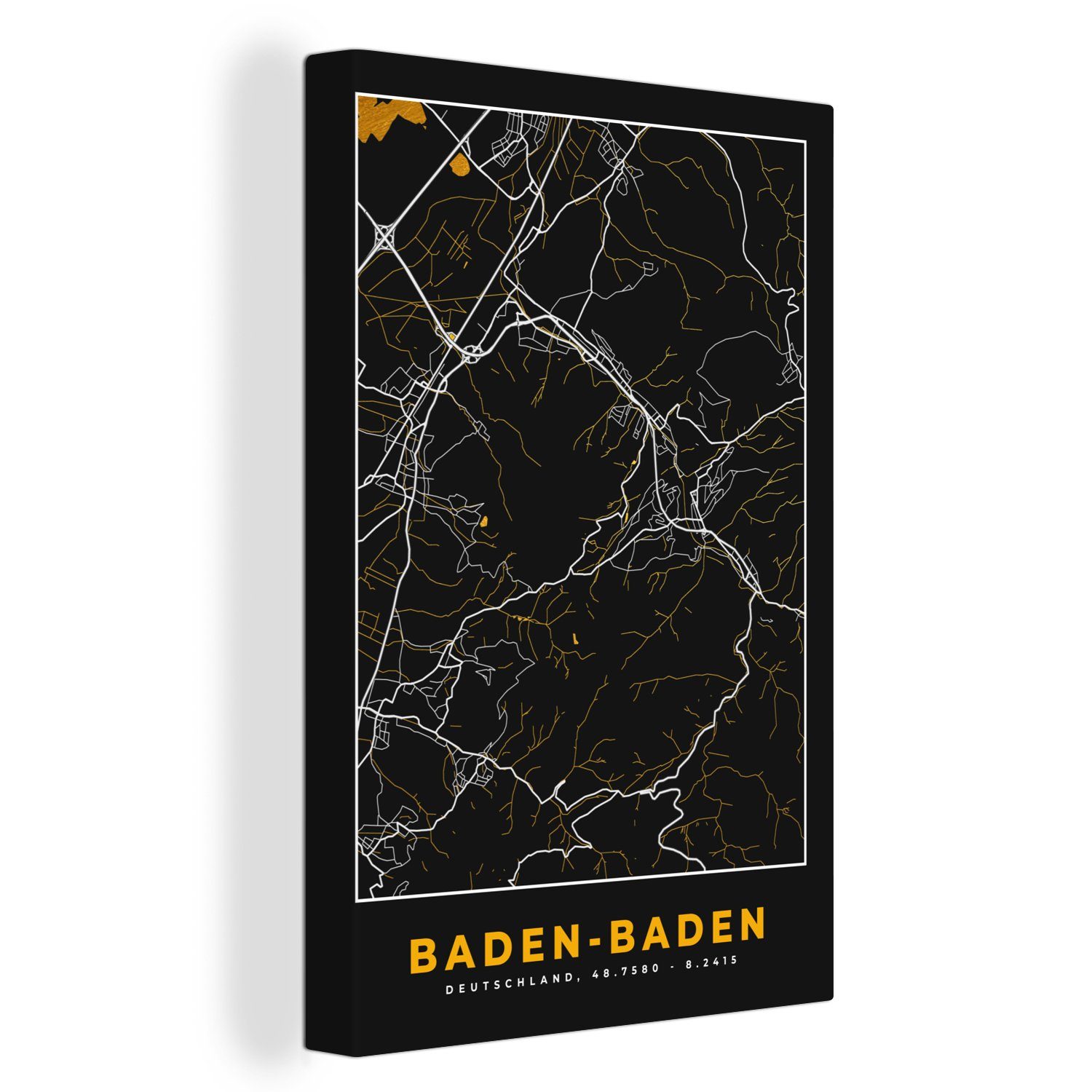 Karte cm Karte, Baden Baden bespannt Stadtplan OneMillionCanvasses® Leinwandbild St), - - Zackenaufhänger, 20x30 inkl. Deutschland - - fertig - Gold Gemälde, Leinwandbild (1