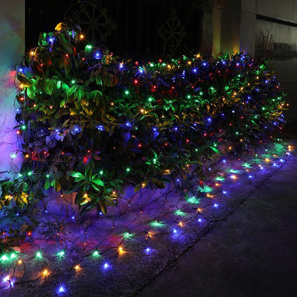 Rosnek LED-Lichternetz Solar Wasserdichte Mesh Bunt deko, 8 Weihnachten Modi mit Garten Außen Inner für 1.5*1.5M/3*2M, Solar Lichternetz Lichterkette Party