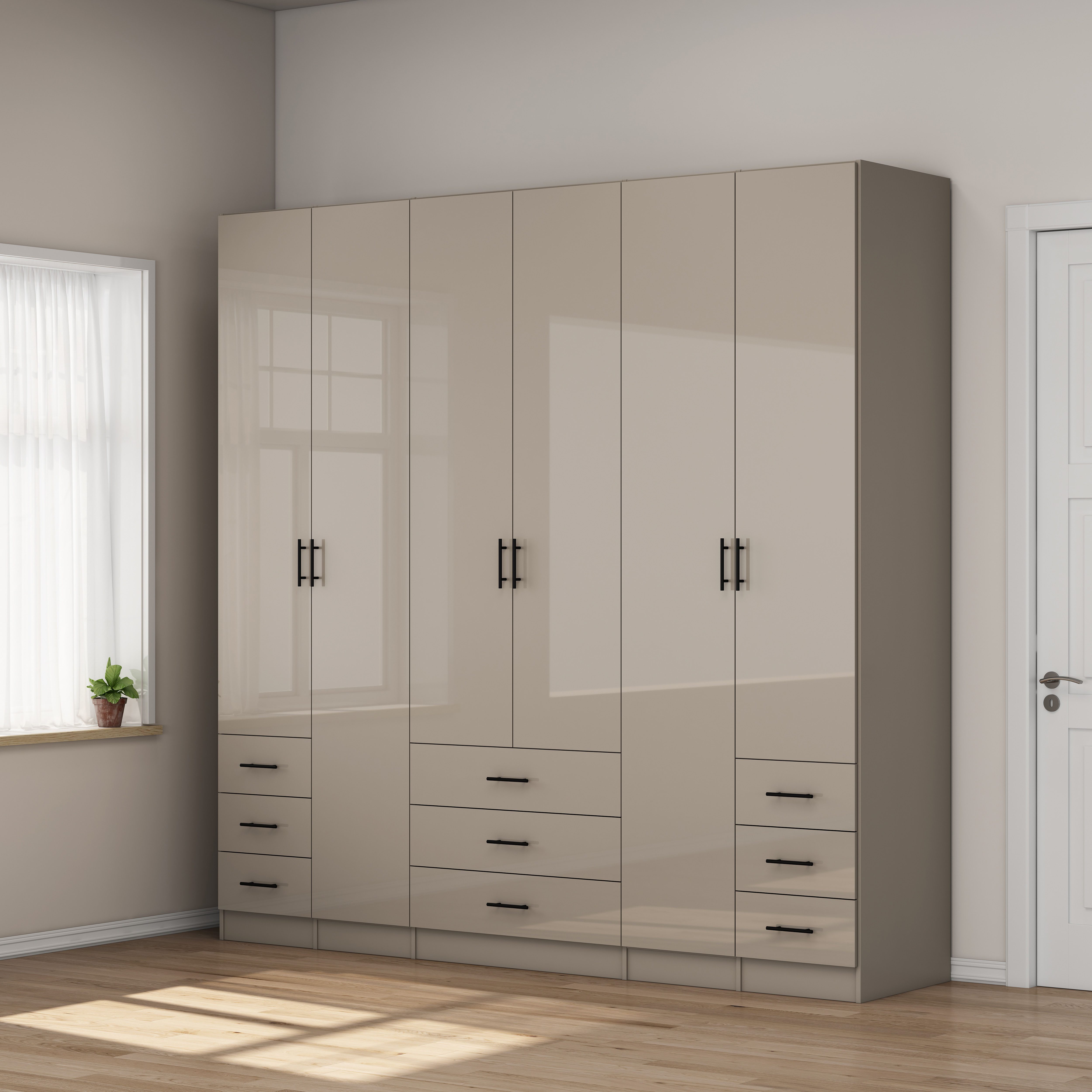 OTTO home Kleiderschrank Trento Schlafzimmerschrank Garderobe hochglanz (in 2 unterschiedlichen Schrankhöhen wählbar) Schrank mit 6 Türen und 9 Schubladen, Hochglanz-Fronten, 2,39m Höhe