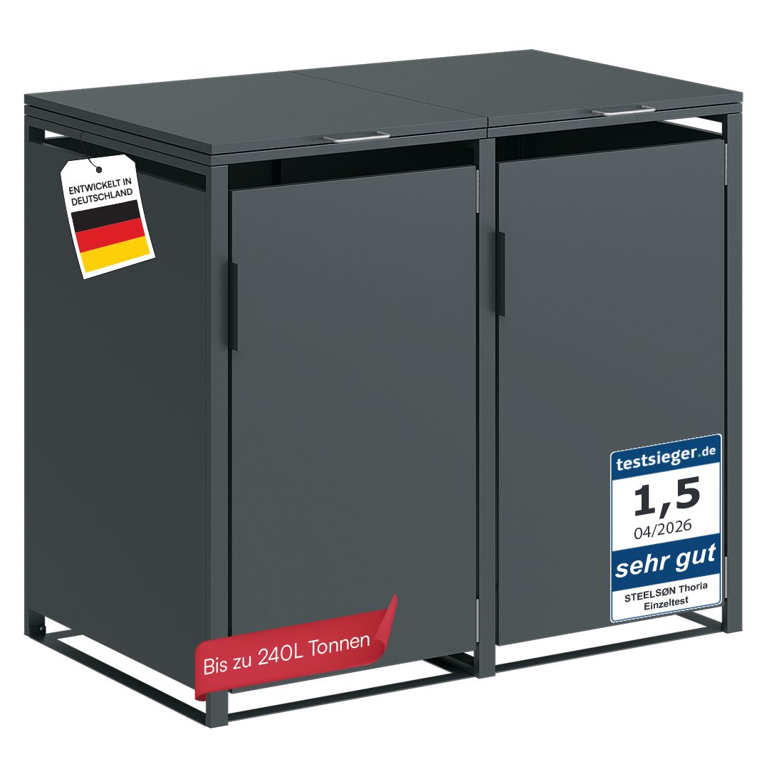 STEELSØN Mülltonnenbox Thoria 240L aus verzinktem Stahl (Anthrazit, verfügbar mit 1, 2, 3, 4, oder 5 Türen), Für 2 Tonnen