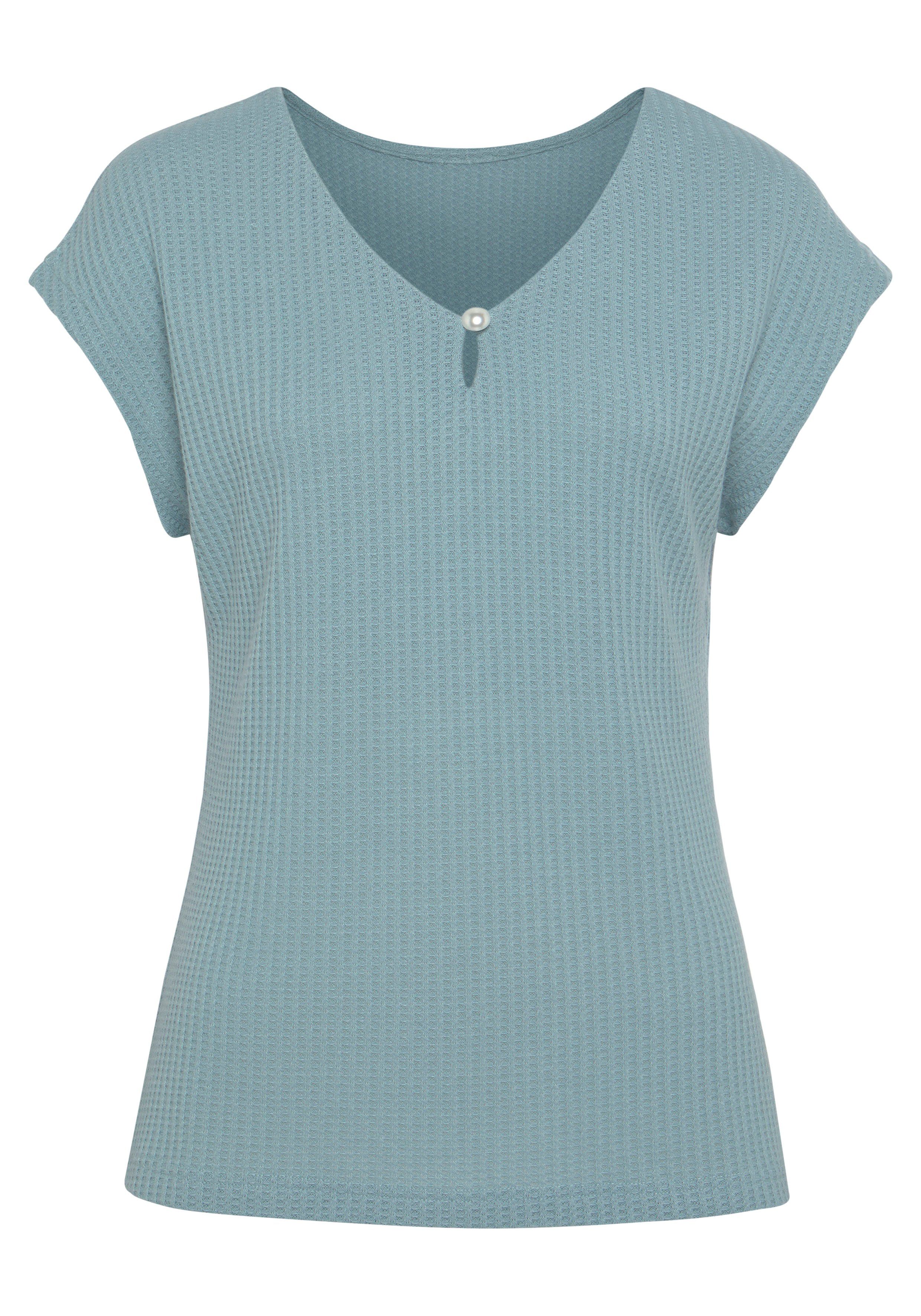 LASCANA Kurzarmshirt "mit Zierperle", aus weicher Piqué-Qualität günstig online kaufen