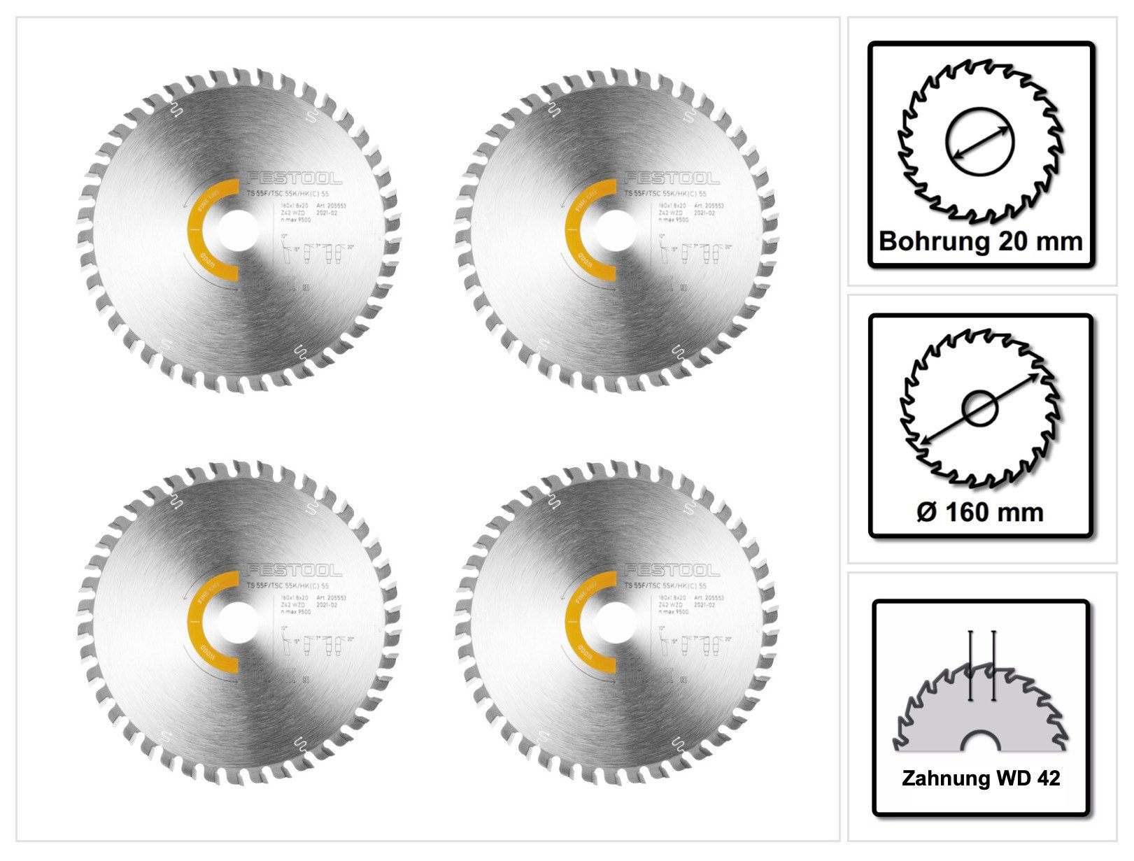 FESTOOL Kreissägeblatt 4x Kreissägeblatt Wood Fine Cut HW 160 x 1,8 x 20 mm WD42 (4x 205553