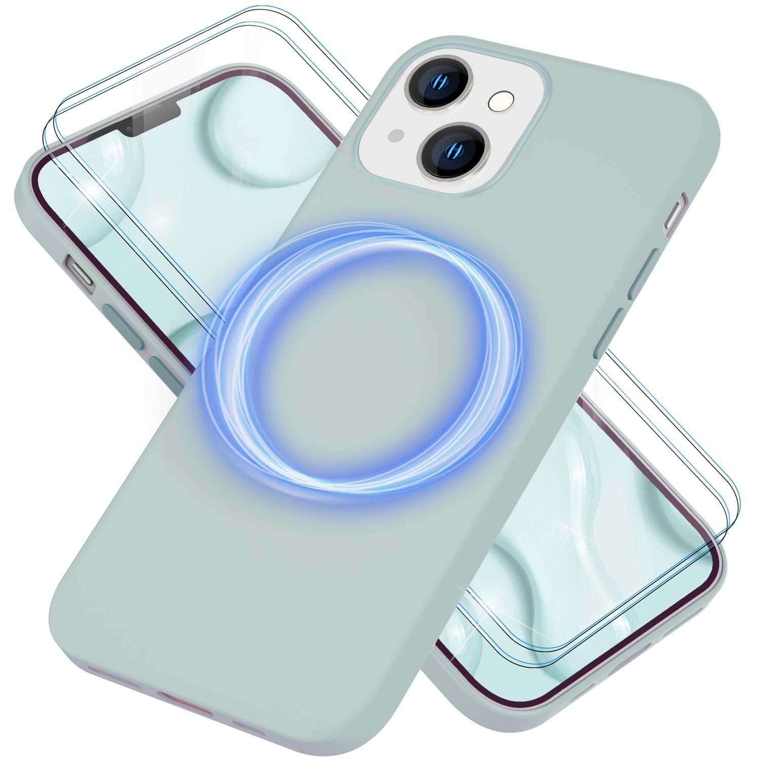 Nalia Smartphone-Hülle Apple iPhone 14 15,5 cm (6,1 Zoll), Liquid Silikon Hülle / MagSafe Funktion / 2x Schutzglas / Anti-Schmutz