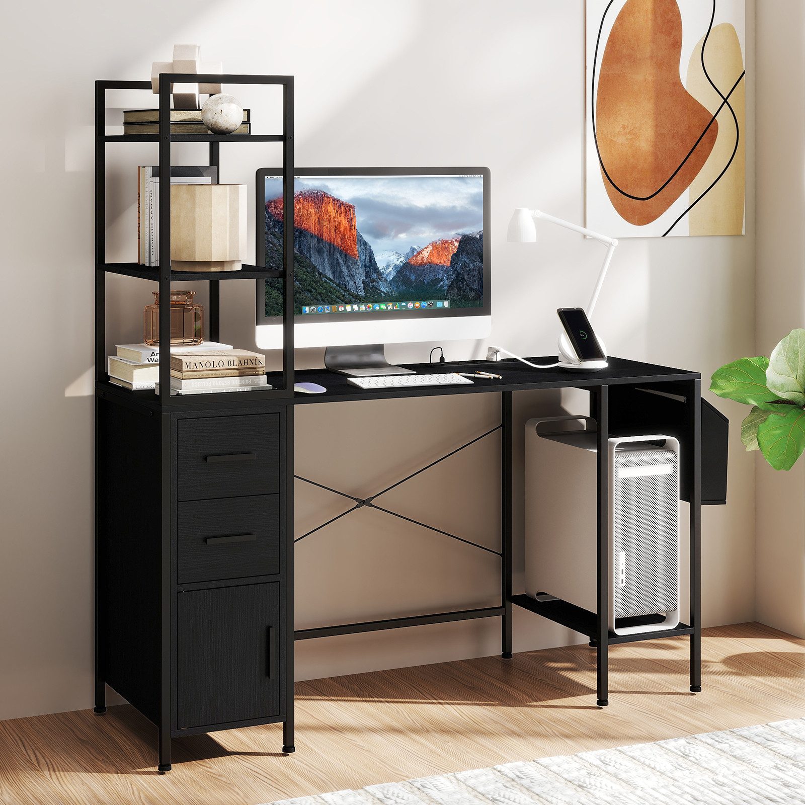 COSTWAY Schreibtisch, mit LEDs, Ladestation, 2 Schubladen & CPU-Ständer