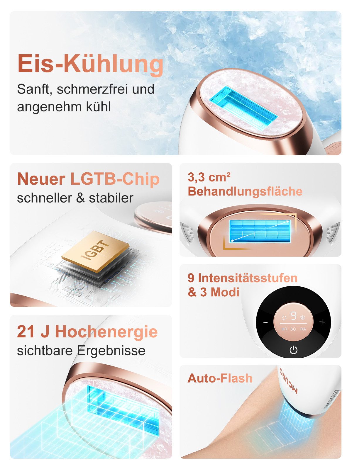 MCURO IPL-Haarentferner Laser Haarentfernung mit Einfrierpunktfunktion, 990,000 Lichtimpulse, 9 Energiestufen Hohe Energiedichte von 21 J / 3,3 cm², Haarentfernung Laser für Männer, Frauen, Achseln, Beine, Körper