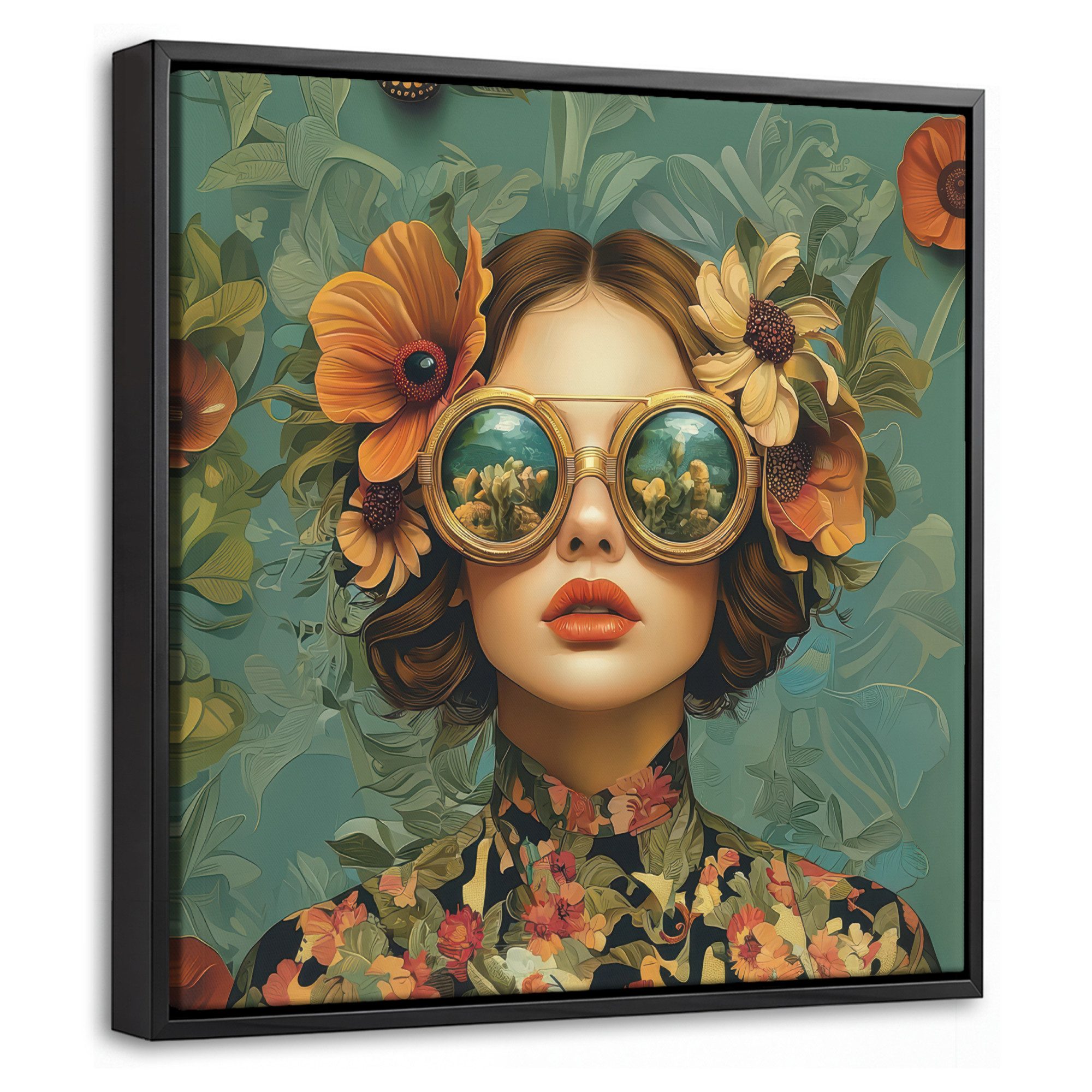 OneMillionCanvasses® Leinwandbild mit Rahmen - Frau - Blumen - Schmetterlinge - Natur - Vintage, Fotodruck (1 St), Leinwand Bilder Klein, Wand Dekoration Aesthetic 20x20cm