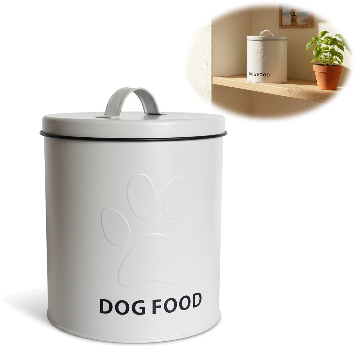LS-LebenStil Futterbehälter Vintage Futtereimer Weiß 18cm Futtertonne Hundefutter Aufbewahrung, Metall, (Weiß 18x16cm Eimer mit Deckel Futtertonne Futterbox Futterdose, 1-tlg., für Trockenfutter Hundefutterbehälter Hundemotiv), mit Slogan Dog Food und Pfoten Motiv, Hundepfote