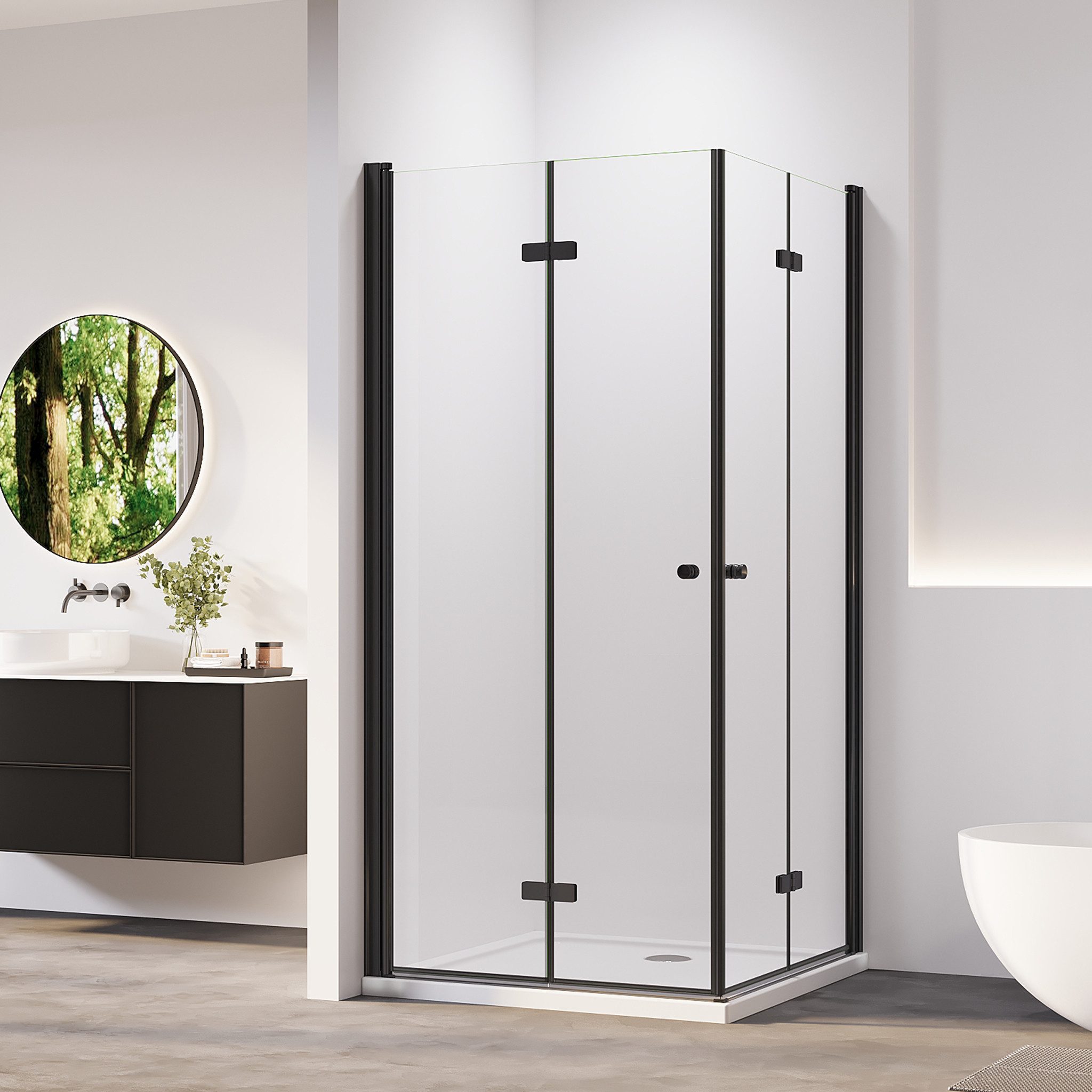 AmuseVera Eckdusche Falttür Duschwand Eckeinstieg Duschkabine Faltdusche Doppel Duschtüren, BxT: 75x75 cm, Einscheibensicherheitsglas, Set, mit hochwertigen Aluminiumprofilen in Schwarz, Faltdusche Falttürkabine Doppel Duschtür 180º Drehfalttür
