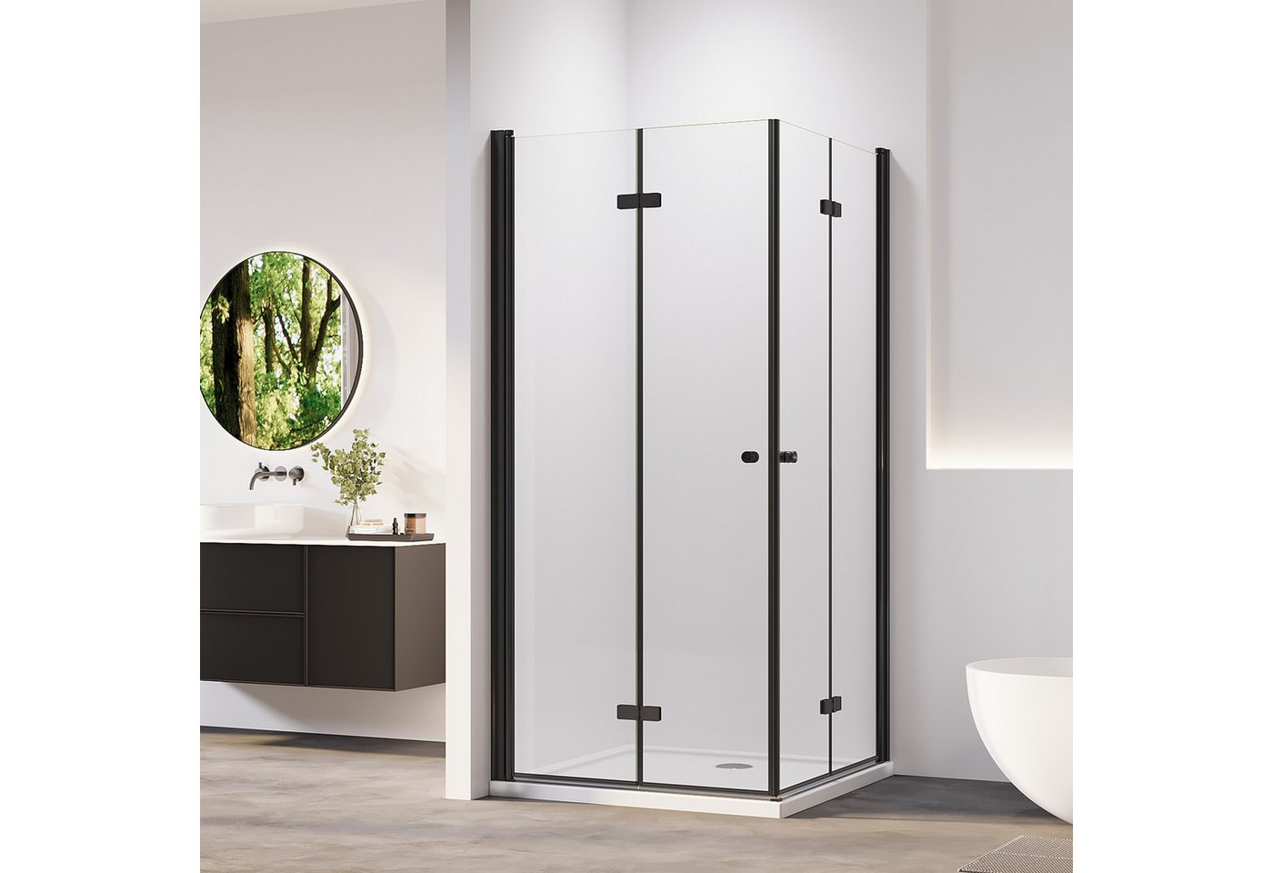 AmuseVera Eckdusche Falttür Duschwand Eckeinstieg Duschkabine Faltdusche Doppel Duschtüren, BxT: 70x70 cm, Einscheibensicherheitsglas, Set, mit hochwertigen Aluminiumprofilen in Schwarz, Faltdusche Falttürkabine Doppel Duschtür 180º Drehfalttür