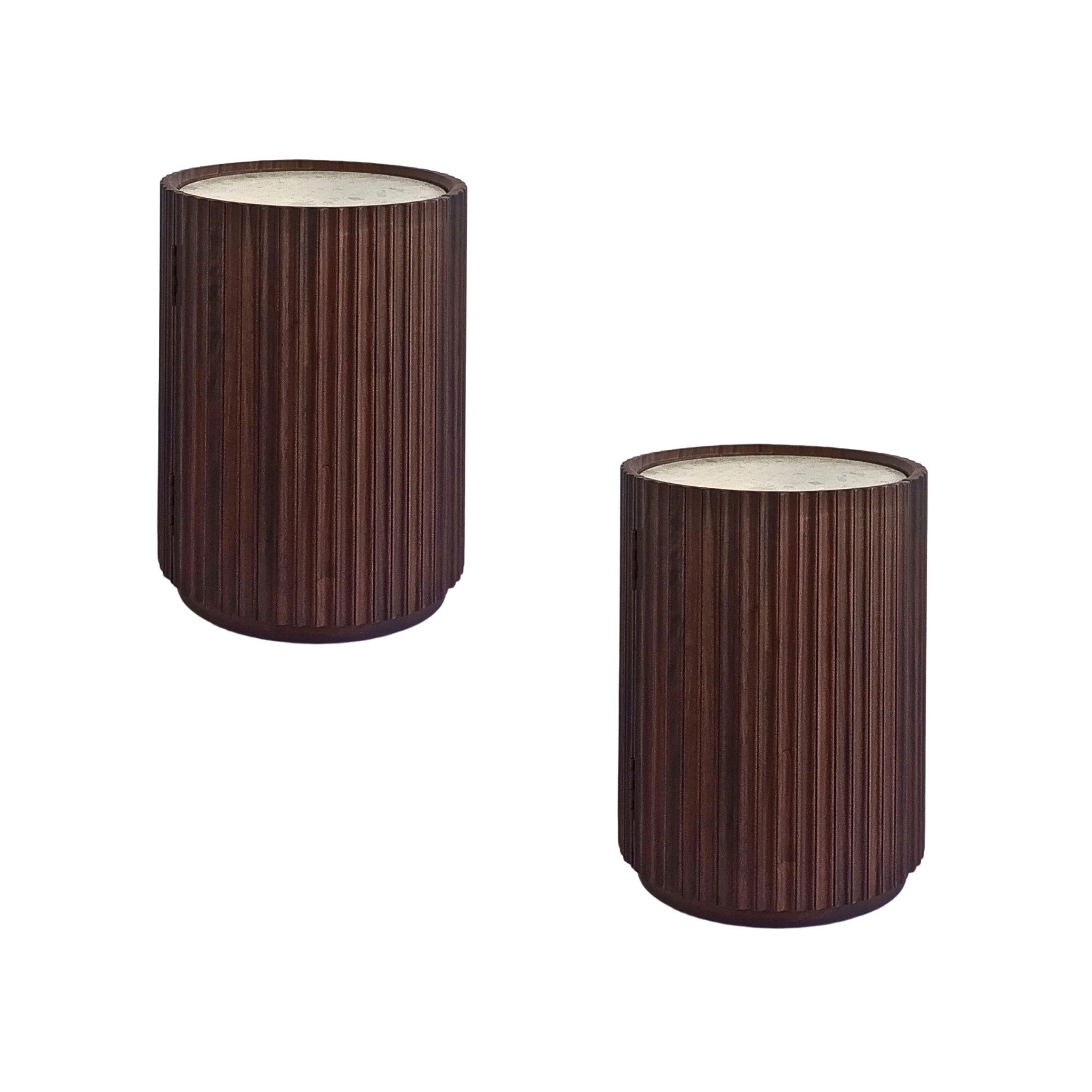 Woodek Design Nachttisch Franz 2er-Set aus massivem Nussbaum (Durchmesser: 42 cm, Höhe: 55 cm, 2-St., praktischer Stauraum), Beistelltisch mit Steinplatte