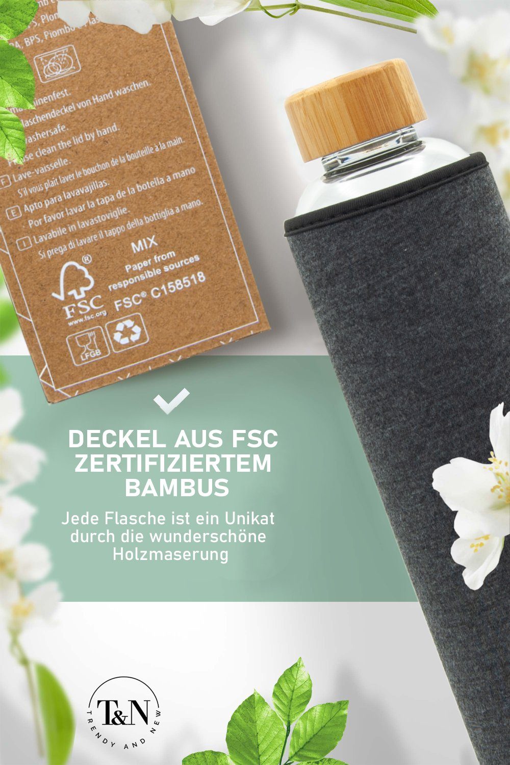 1l Neoprenhülle, dickerem 1 Trinkflasche T&N AND und TRENDY geeignet, Design 2x Wasserflasche und Borosilikatglas, Anthrazit Classique Edelstahl für (mit Glastrinkflasche Glasflasche Liter, ohne NEW Bambus Schlankes mit auslaufsicher aus Trinkflasche Glas Trageriemen) Deckel Grande Kohlensäure