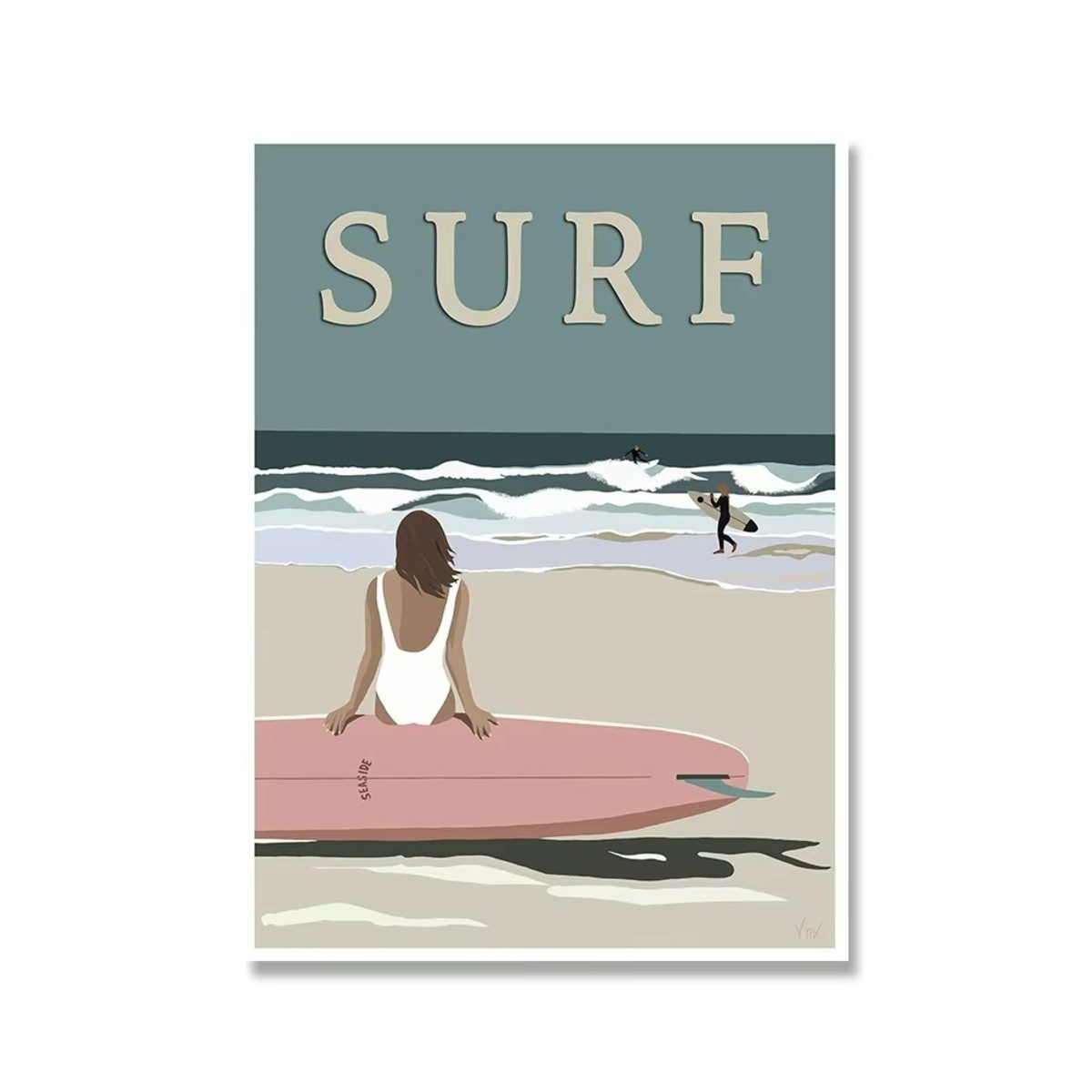 TPFLiving Kunstdruck (OHNE RAHMEN) Poster - Leinwand - Wandbild, Nordisches Segelboot, Strandmädchen, Surfboot-Leinwandgemälde (Leinwandbild XXL), Farben: Blau, Braun, Schwarz, Weiß, Gelb -Größe: 20x30cm