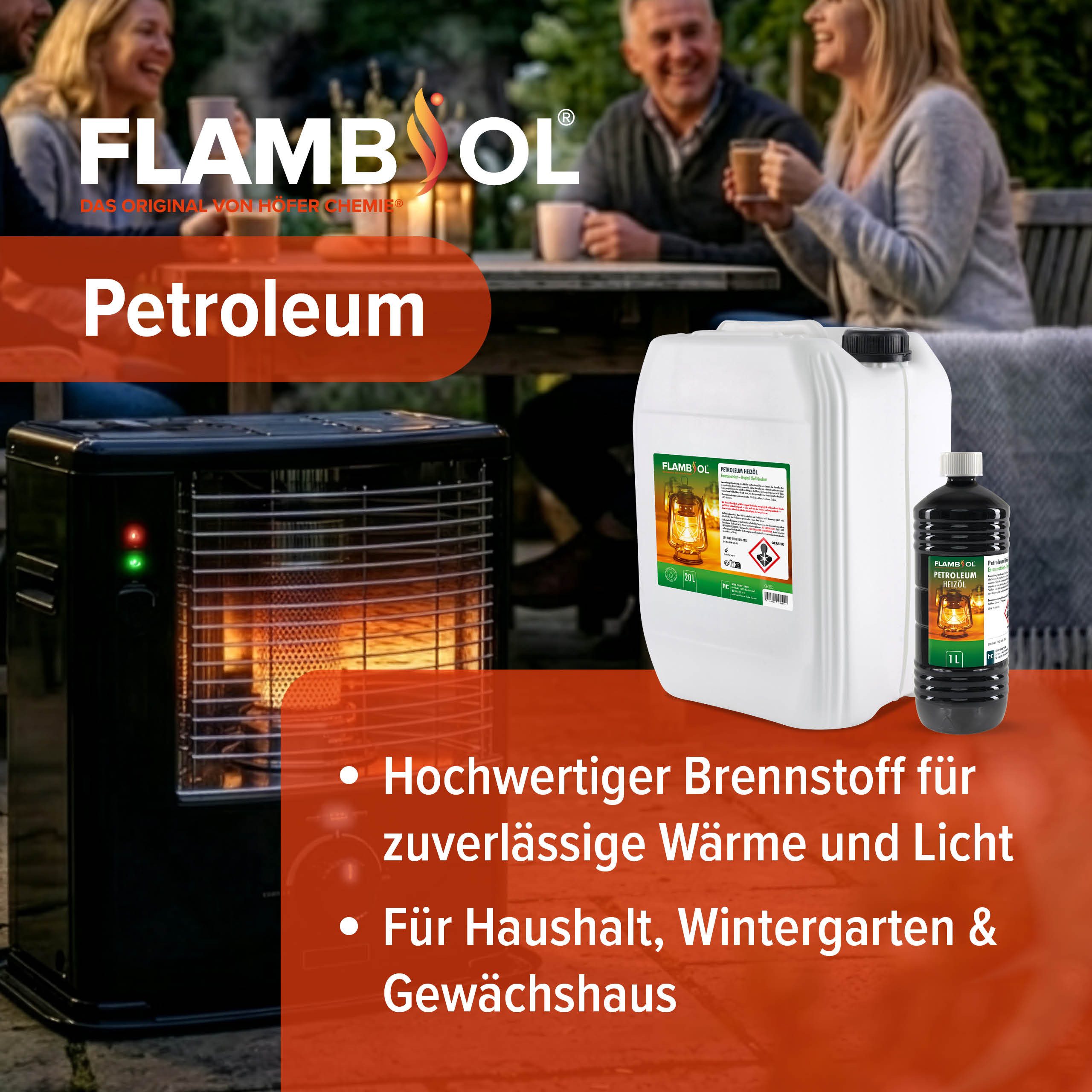 Höfer Chemie GmbH Petroleum 20 L FLAMBIOL® Petroleum Heizöl, 20 l, (1-St), Sauberes Heizöl für Öfen und Lampen