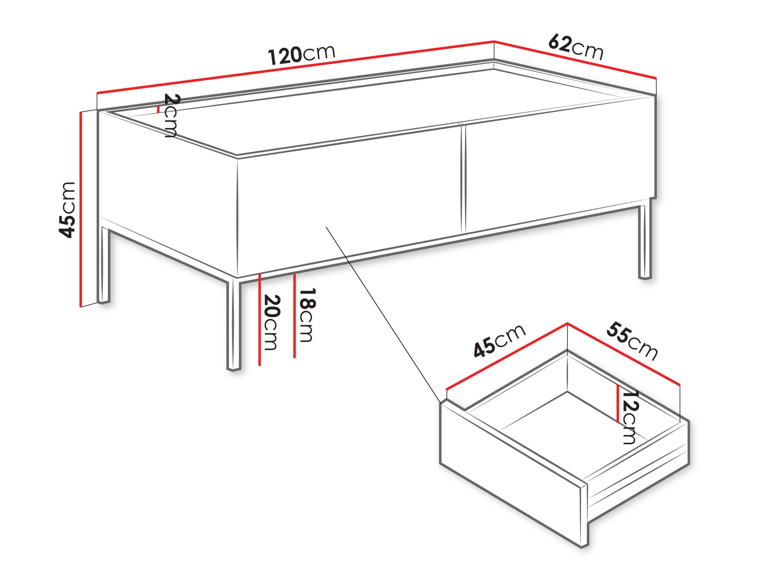 MIRJAN24 Couchtisch Como 2SZ (mit zwei Schubladen), Untergestell aus Metall, 120x62x45 cm
