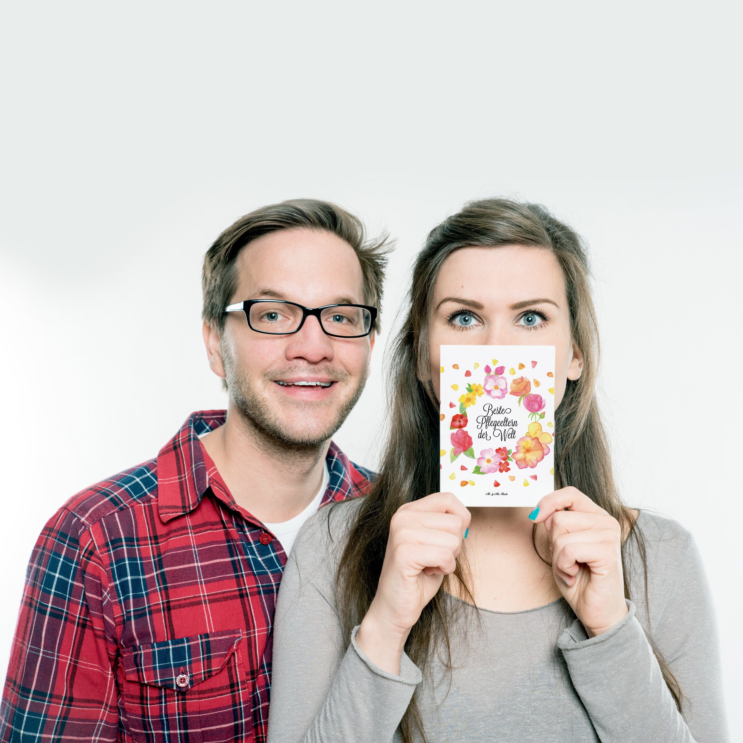 Mr. & Mrs. Panda Postkarte Pflegeeltern - Weiß - Geschenk, Mama, Mama und Papa, Blumen Liebe Flo