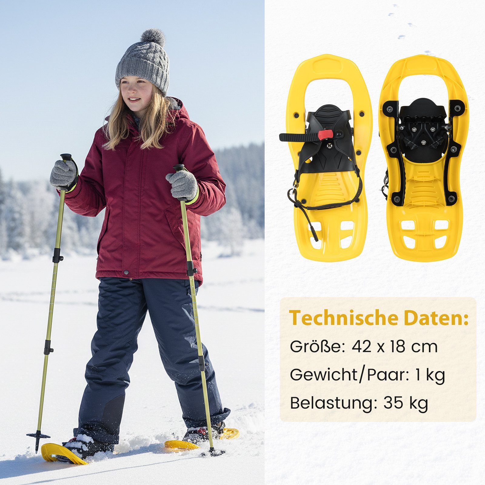 COSTWAY Schneeschuhe, Kinderschneeschuhe mit Teleskop-Wanderstöcken & Tragetasche