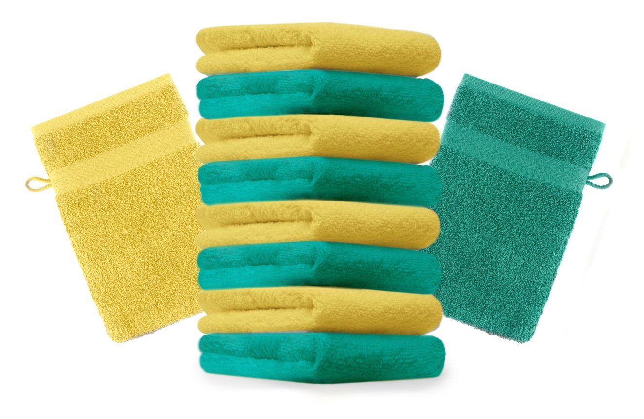 Betz Waschhandschuh 10 Stück Waschhandschuhe Premium 100% Baumwolle Waschlappen Set 16x21 cm Farbe smaragdgrün und gelb (10-tlg)