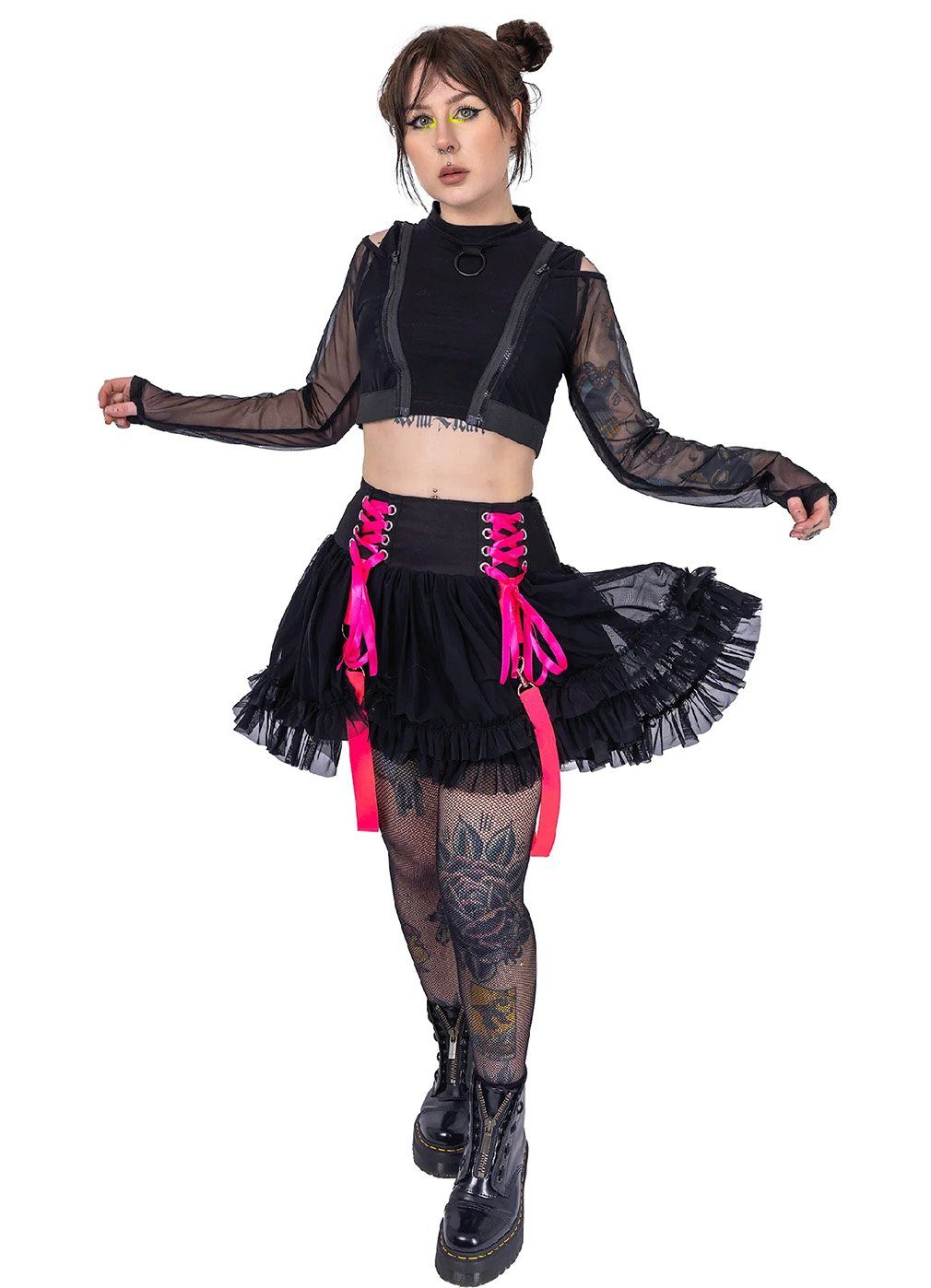 Poizen Industries Stufenrock Chaotic Schwarz Pink Goth Gothic Schnürung Volant Riemen Nieten