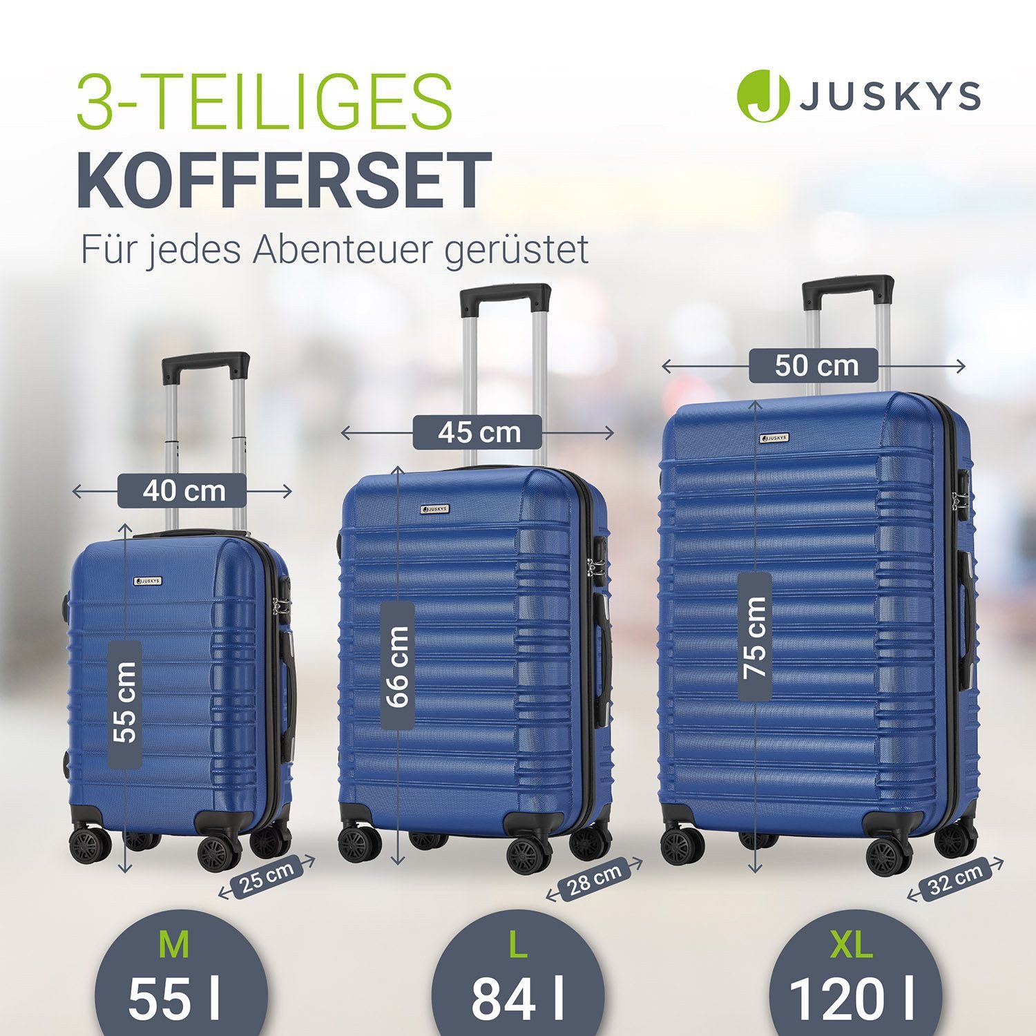 Juskys Trolleyset Rom, 4 Rollen, (3 tlg., 3-teilig), Aluminium, Rollen, Innenfutter, Ergonomische Griffe, 3er Set