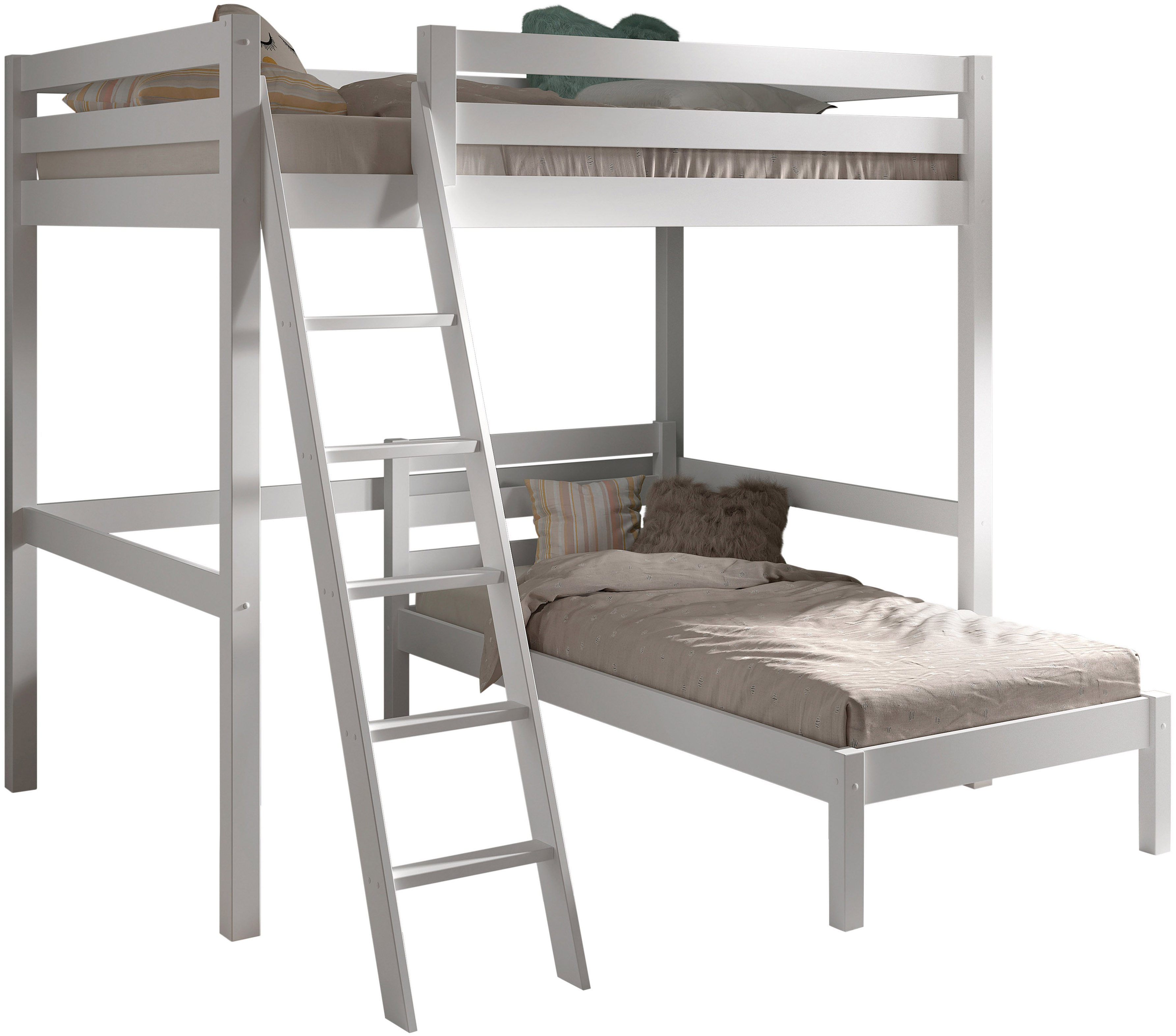 Vipack Hochbett mit 2 Liegeflächen 140+90/200 Made in Europe, Kiefer massiv weiß (B/H/T ca.209,4x190x214,7cm) Leiter schräg angestellt, stabil gebaut) Raum unter dem Bett kann genutzt werden, Einzelbett separt stellbar