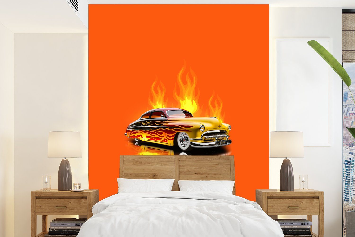 MuchoWow Fototapete Auto - Flammen - Orange - Feuer - Vintage, Matt, bedruckt, (4 St), Montagefertig Vinyl Tapete für Wohnzimmer, Wandtapete