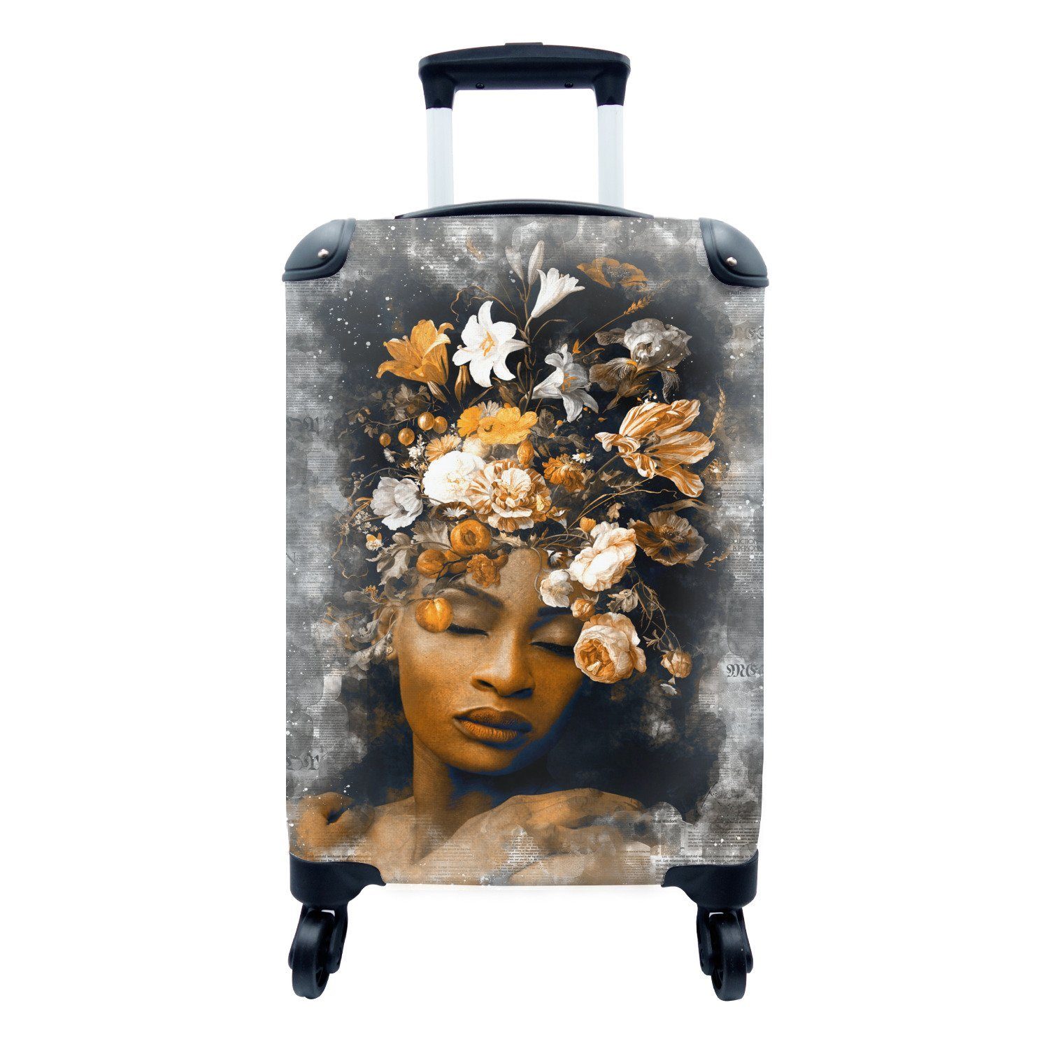Frauen 4 MuchoWow Blumen, Gold Handgepäckkoffer Trolley, für mit Rollen, rollen, Reisetasche - Handgepäck Ferien, Reisekoffer -