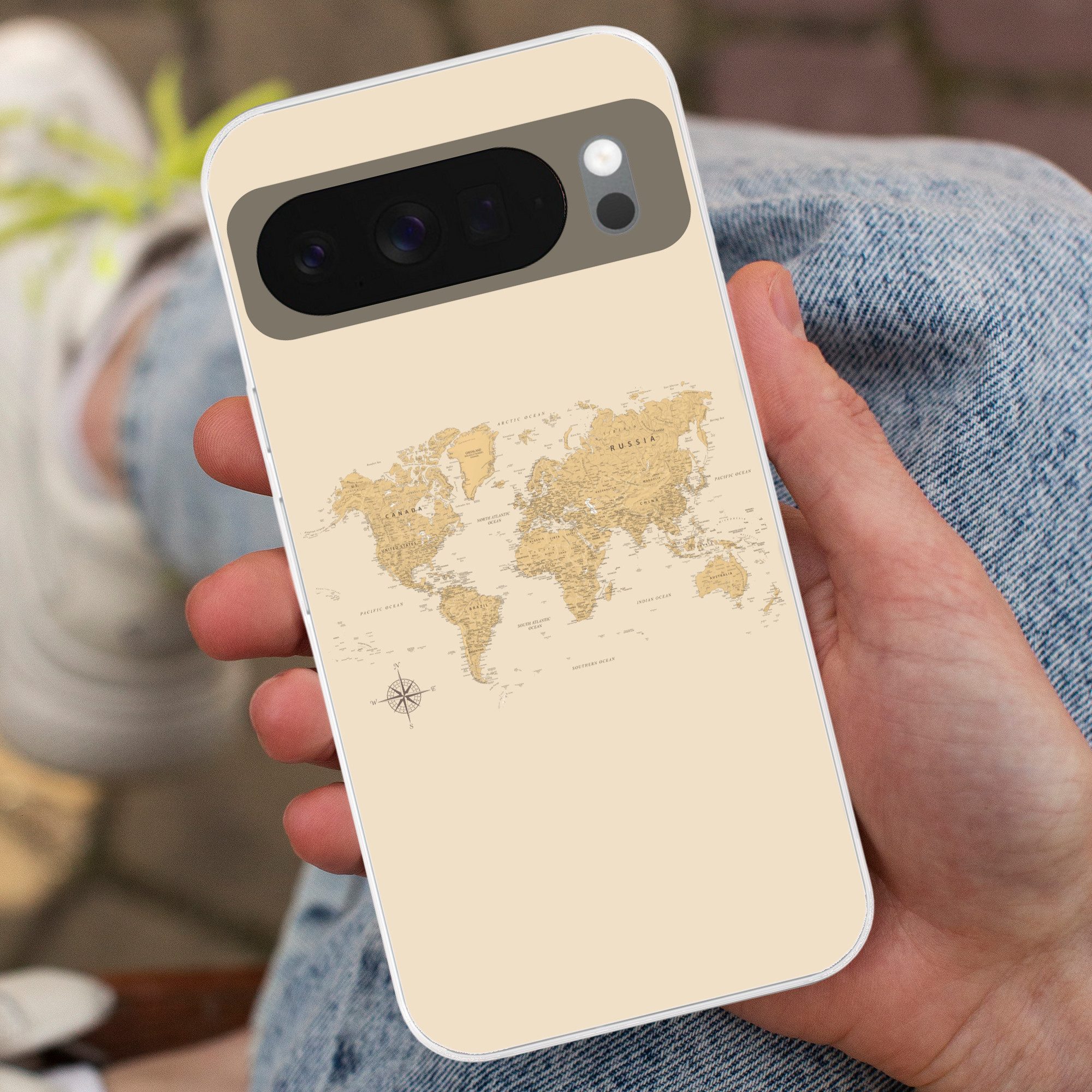 MuchoWow Handyhülle für Google Pixel 10 Weltkarte - Realistisch - Beige, Phone Case, Silikon, Schutzhülle Dünn
