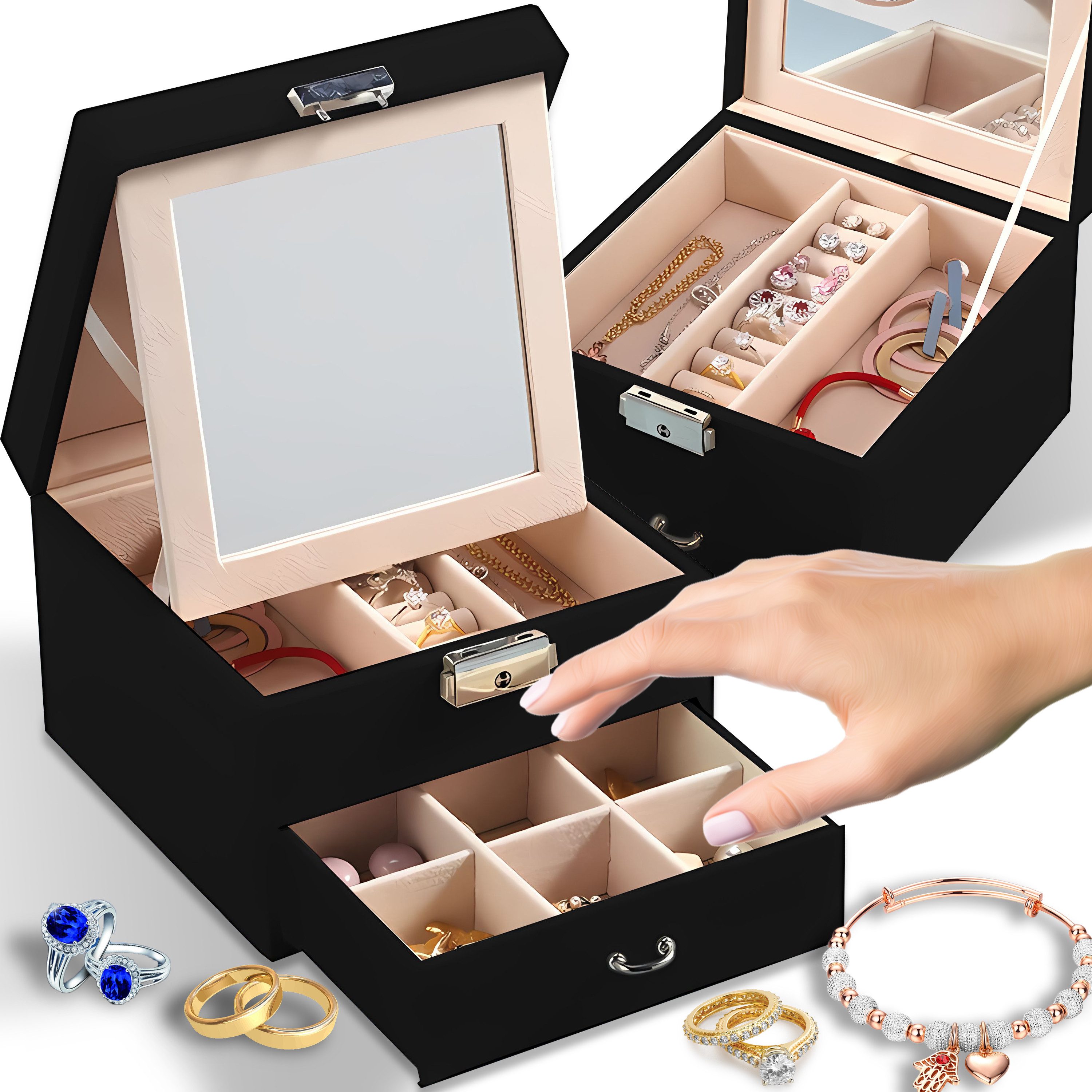 Retoo Schmuckkasten Schmuckkästchen Schmuckkasten Schmuckkoffer Reise Jewelry Box Schwarz (set, Koffer Schlüssel Rutschfeste Beine Originalverpackung Anleitung), Spiegel und Verschluss dem Schlüssel Praktische Anordnung der Schachte