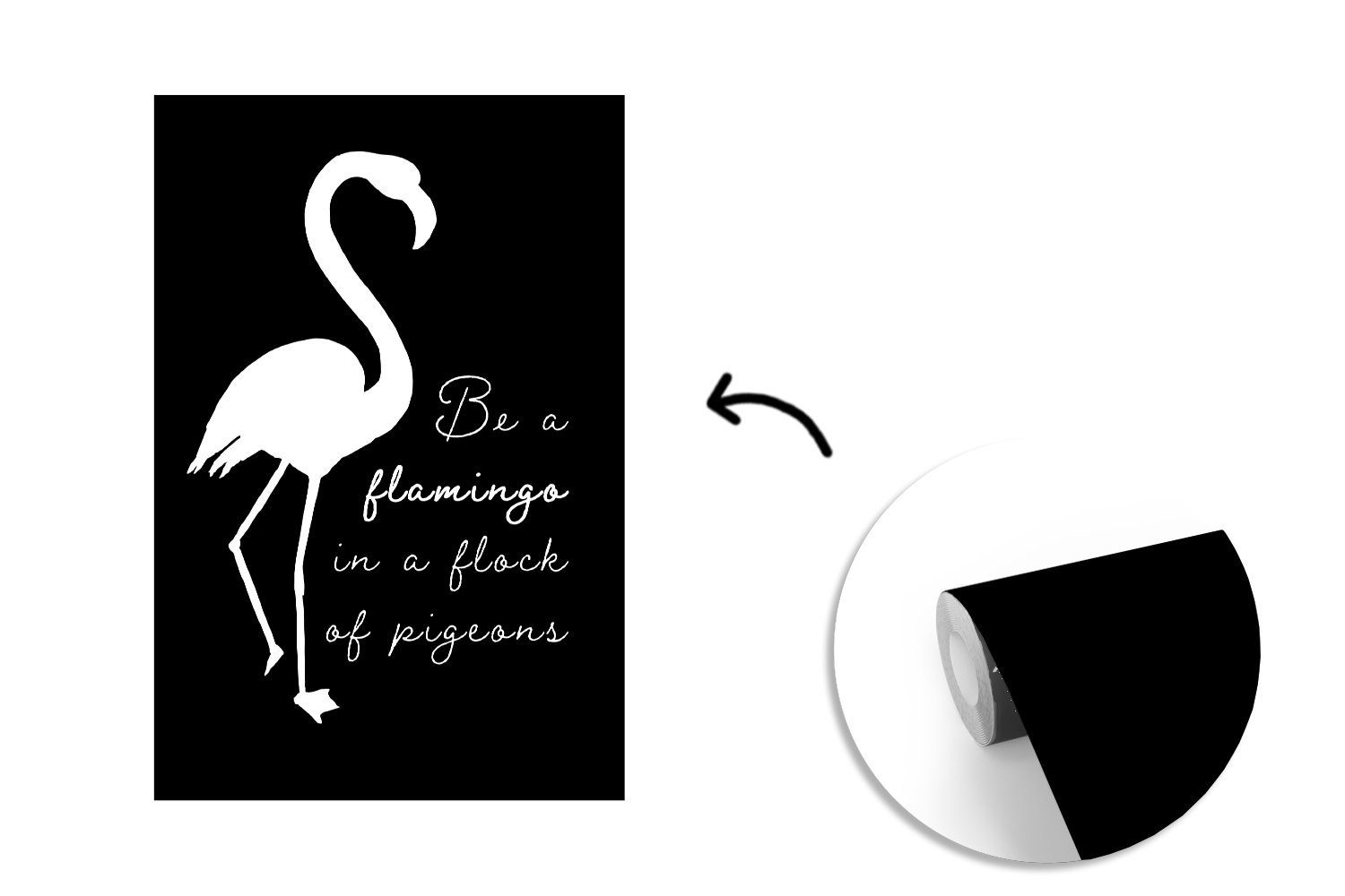 MuchoWow Fototapete Flamingo Weiß, Vinyl Wandtapete Schwarz bedruckt, für (3 Matt, St), - Wohnzimmer, Tapete Montagefertig 