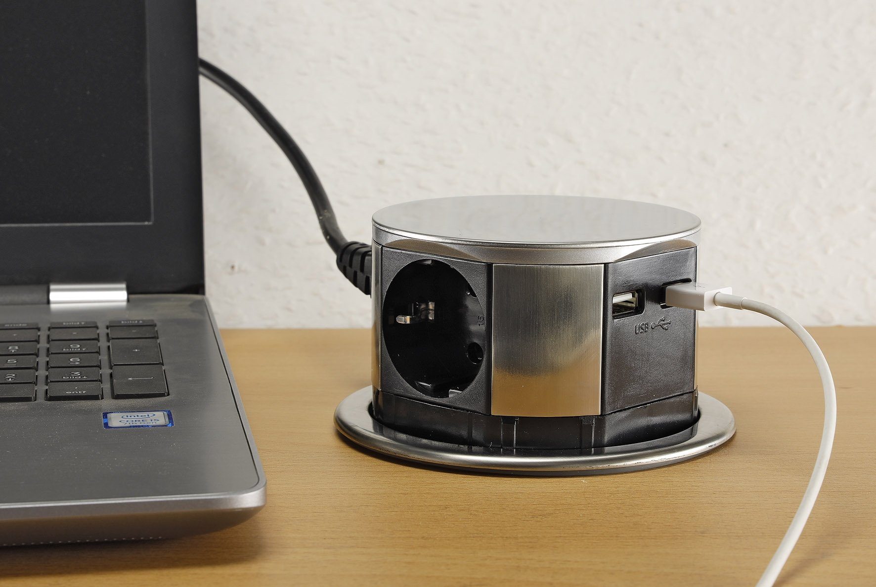 ChiliTec Schreibtisch-Einbausteckdose 3x +USB A+C versenkbar, Edelstahl-Ausführ Mehrfachsteckdose