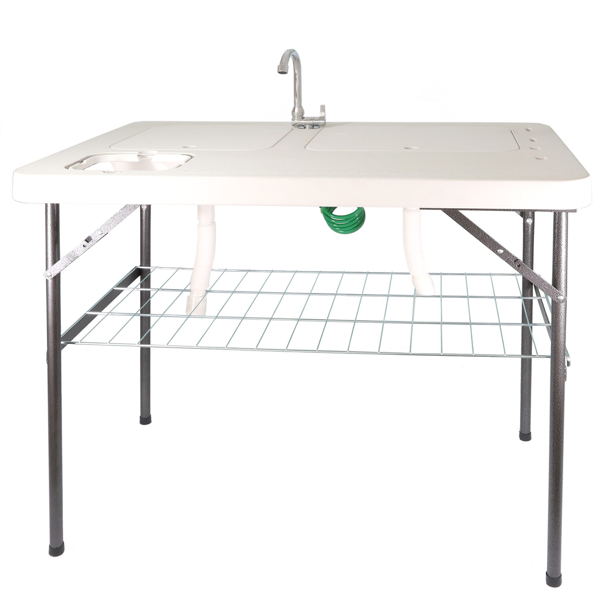 Lemodo Kunststoffspüle Filetiertisch klappbar mit zwei Becken und Abdeckungen, 101/65.5 cm, zwei Becken mit Abdeckungen, klappbar