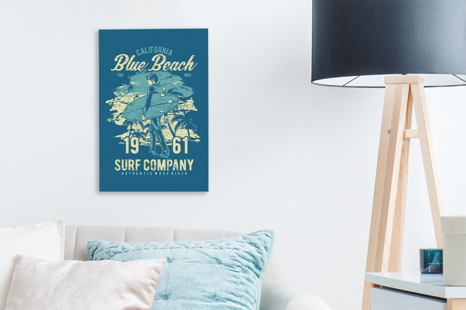 inkl. Leinwandbild Strand Gemälde, bespannt Zackenaufhänger, Leinwandbild St), (1 Surfbrett OneMillionCanvasses® - - 20x30 Palme - Vintage, cm fertig